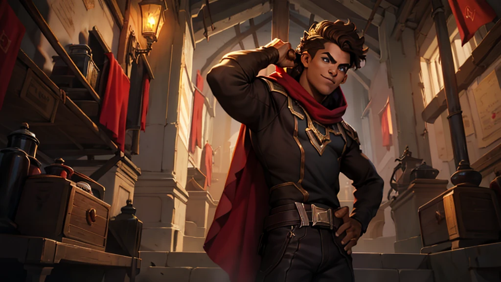 splash art of an eighteen year old man, tanned brown skin, curly brown hair, blue eyes, cute divine beauty, square face, he is wearing a tight black t-shirt, brown leather pants, a dark red cloak with a hood, magical red energy in his hands, scarlet red power in the form of lines, dynamic side pose, top image, he is in a library, small smile