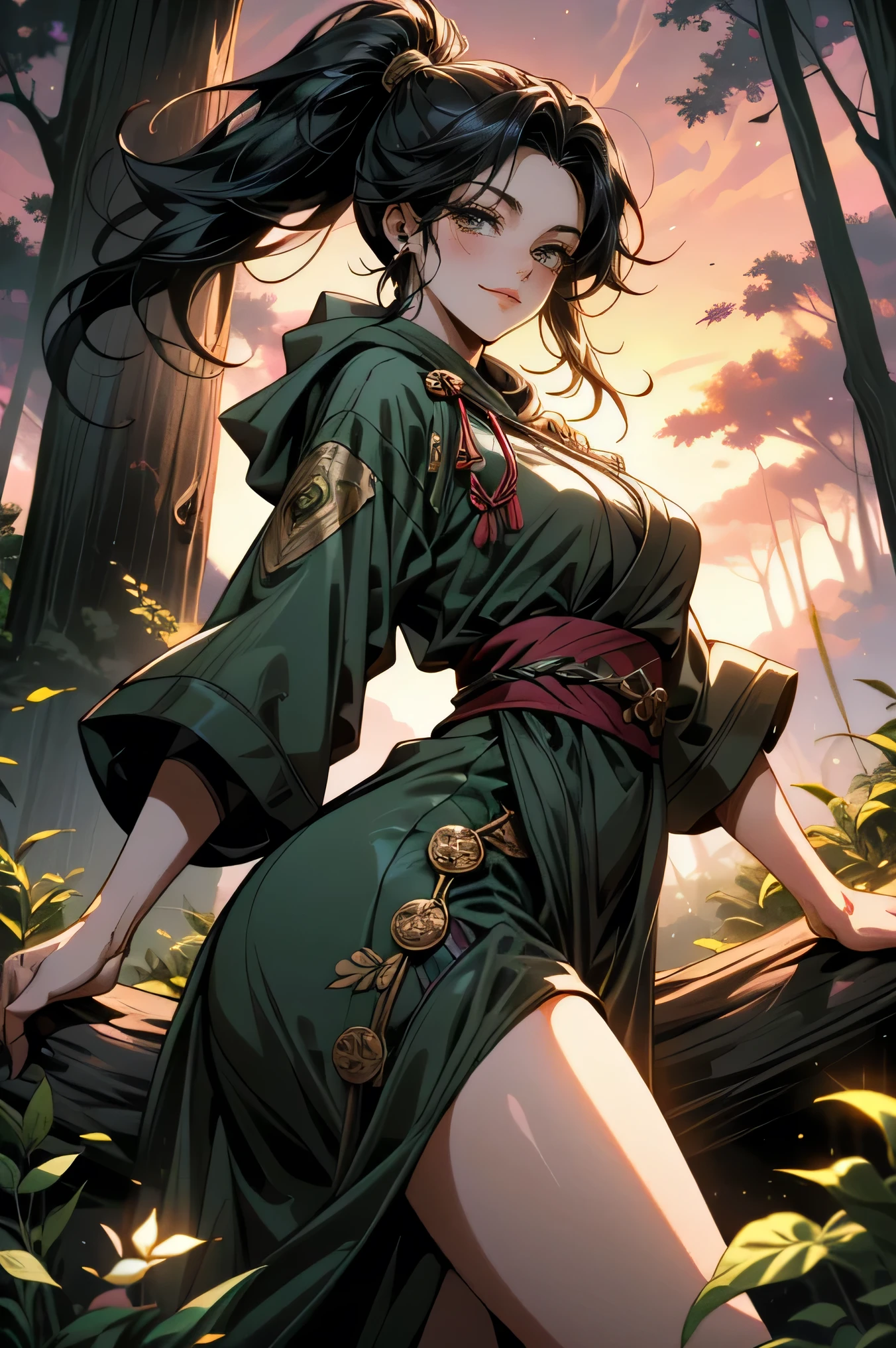 (( ultra-detailed hood is worn, masterpiece, absurd)) dynamic pose, woman , full-length, kind smile, black hair , high ponytail , green eyes, fantasy Japanese-style clothing, talismans, hood, gold jewelry, sunset forest, beautiful detailed forest