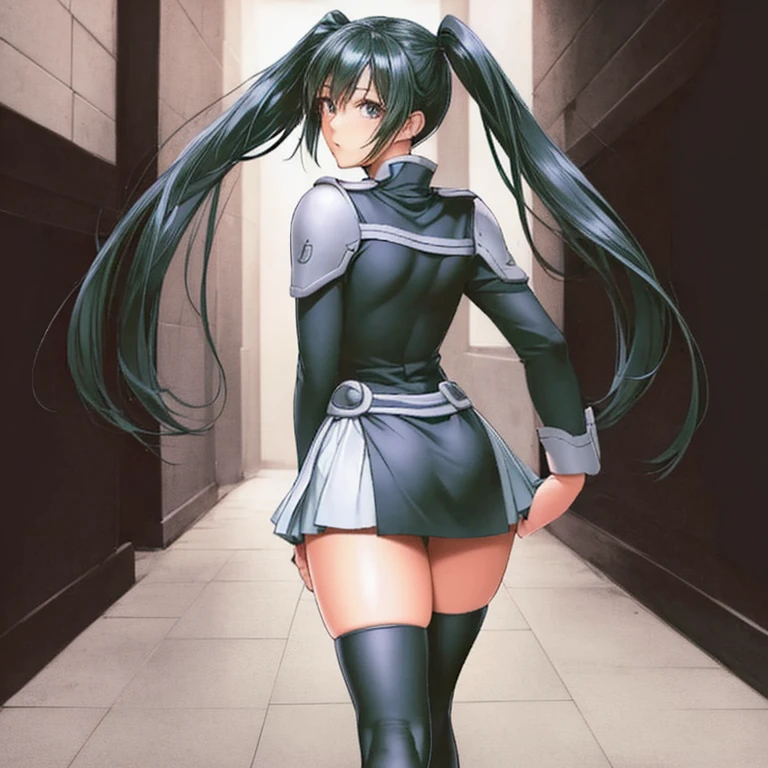 Linary, who has long, beautiful legs, is wearing black knee socks, and has twin tails up to the shoulder, is standing in a dim hallway in a miniskirt uniform。 angle from behind 。High image quality。