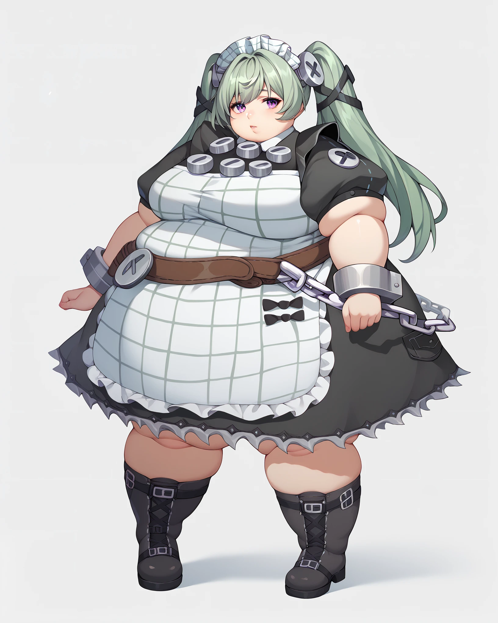 corin, purple eyes, green hair, long hair, twintails, hair ornament, maid headdress, black dress, puffy short sleeves, frilled apron, high belt, chains, shin strap, black wristband, metal cuffs, black boots, frilled dress, striped apron, fat, chubby, obese, full body shot 