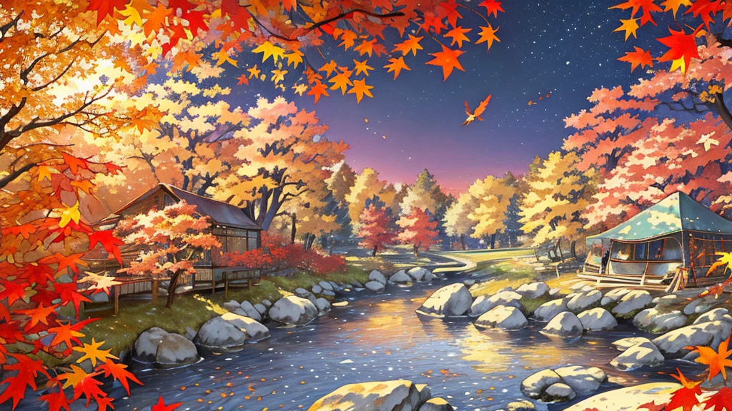 (masterpiece:1.2),  best quality ,Pixiv,  Kampala, Super detailed, it makes you feel the calm and rich beauty of nature （1.7）No humans appear,
Humans not included, Fall campground、There is one camping tent on the front right side of the screen that looks big and there is a bonfire stand beside it、Fallen leaves and autumn leaves that block the view fly through the air 
Morisora 、 Spirit Beautiful Sunset Light Shines In 、 leaves, natural beauty, surprise, magic, red leaves, yellow leaves, autumn leaves, forest light effects, mysterious atmosphere, shadow composition, another world experience