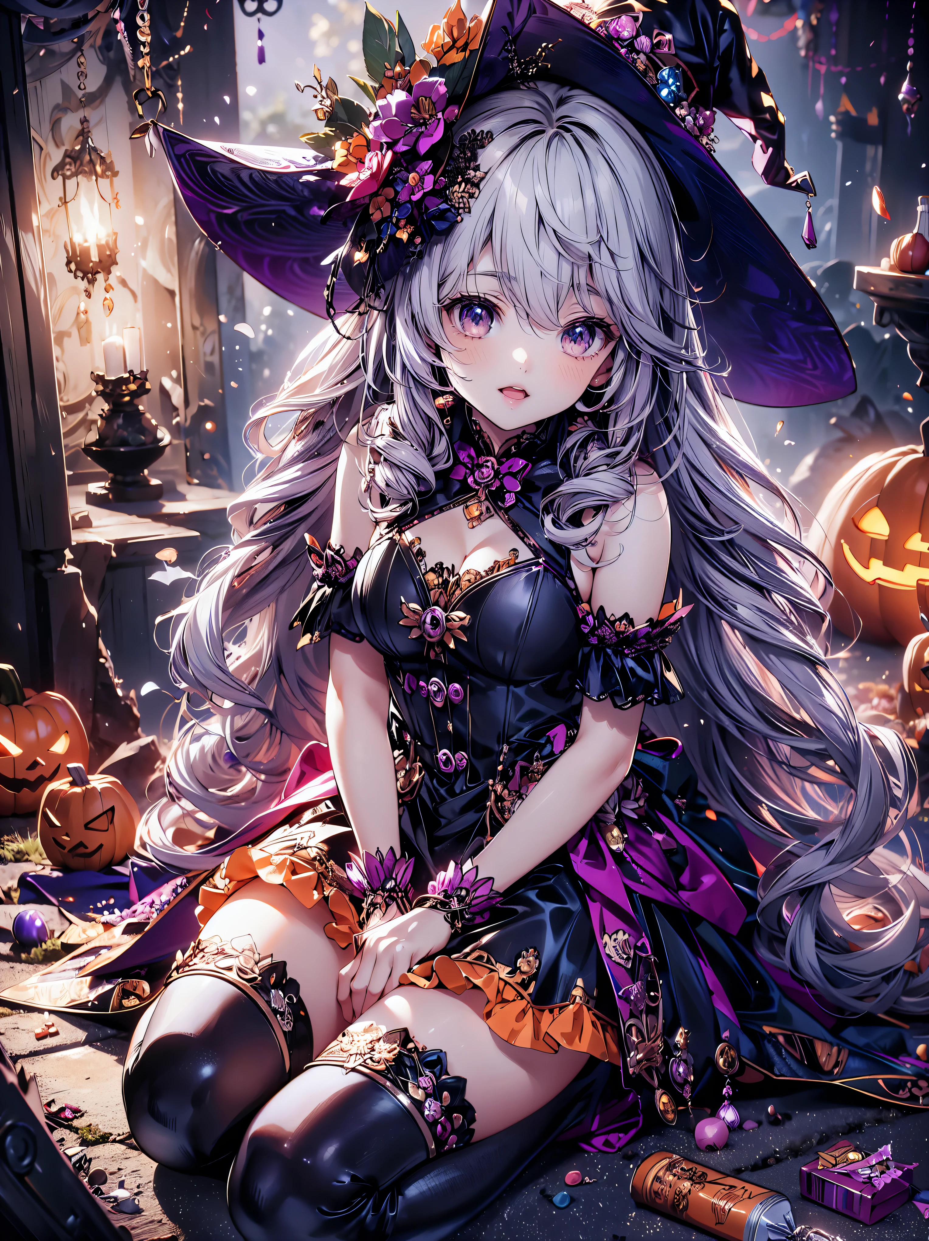 (( super high image quality )), ((Super detailed)), ((Best Quality)), Young woman,  Halloween , witch, witch's hat, lanthanum, 🎃, ((sweets, candy, cookie)), 
BREAK 
wavy hair, happy smile, from front, sitting, (((Complete Hand))),  amazing digital paint , (anime moe art style:1.3),