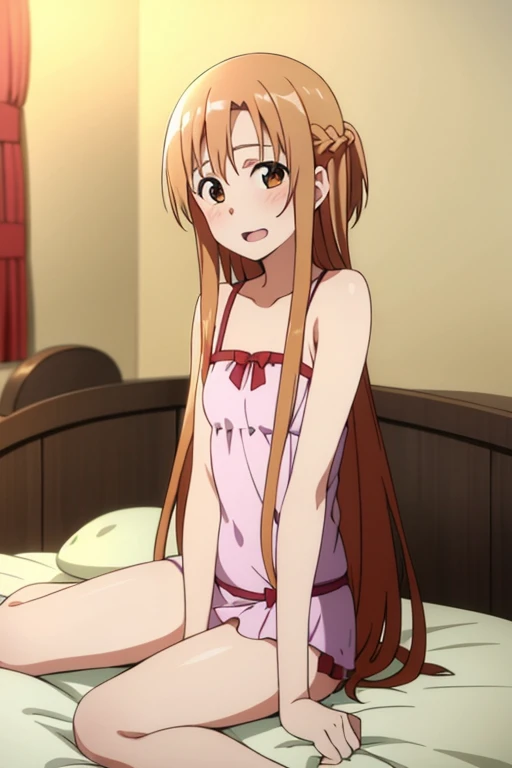 ((Best Quality)), ((masterpiece)), (be familiar with),  perfect face, indoor, bedroom,  watching viewers,
One woman, Yuuki Asuna,
Open Mouth, Ecstatic expression, blush, smile,
Small breasts,  flat chest, , , child, Girl,
Long Hair,  long hair,
Leg spread,