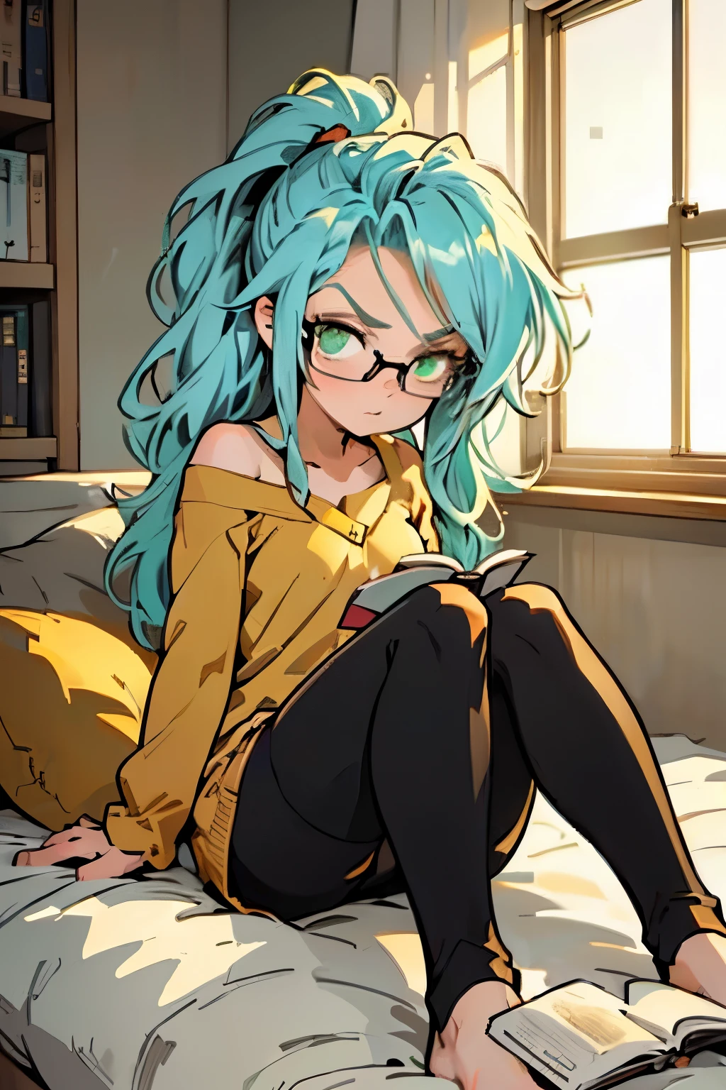 Masterpiece, 4k quality, young woman, university student, ((anime)), ((light blue hair)), ((wavy hair)), ((hair tied in a ponytail)), ((green eyes)), ( (glasses, square lenses)), (cute girl)), ((sitting on her bed)), ((lying in front of the back of the bed)), ((reading a book)), ((relaxed position) ), ((reading a book)), ((wearing a white sweatshirt)), ((tight black bloomers)), ((bare legs)), ((bare feet)), ((the walls of the room are made of wood color)), ((yellow Christmas lights around the window)), ((the window has a view of a night city landscape)),((chibi)) ,((little )),((kawaii))