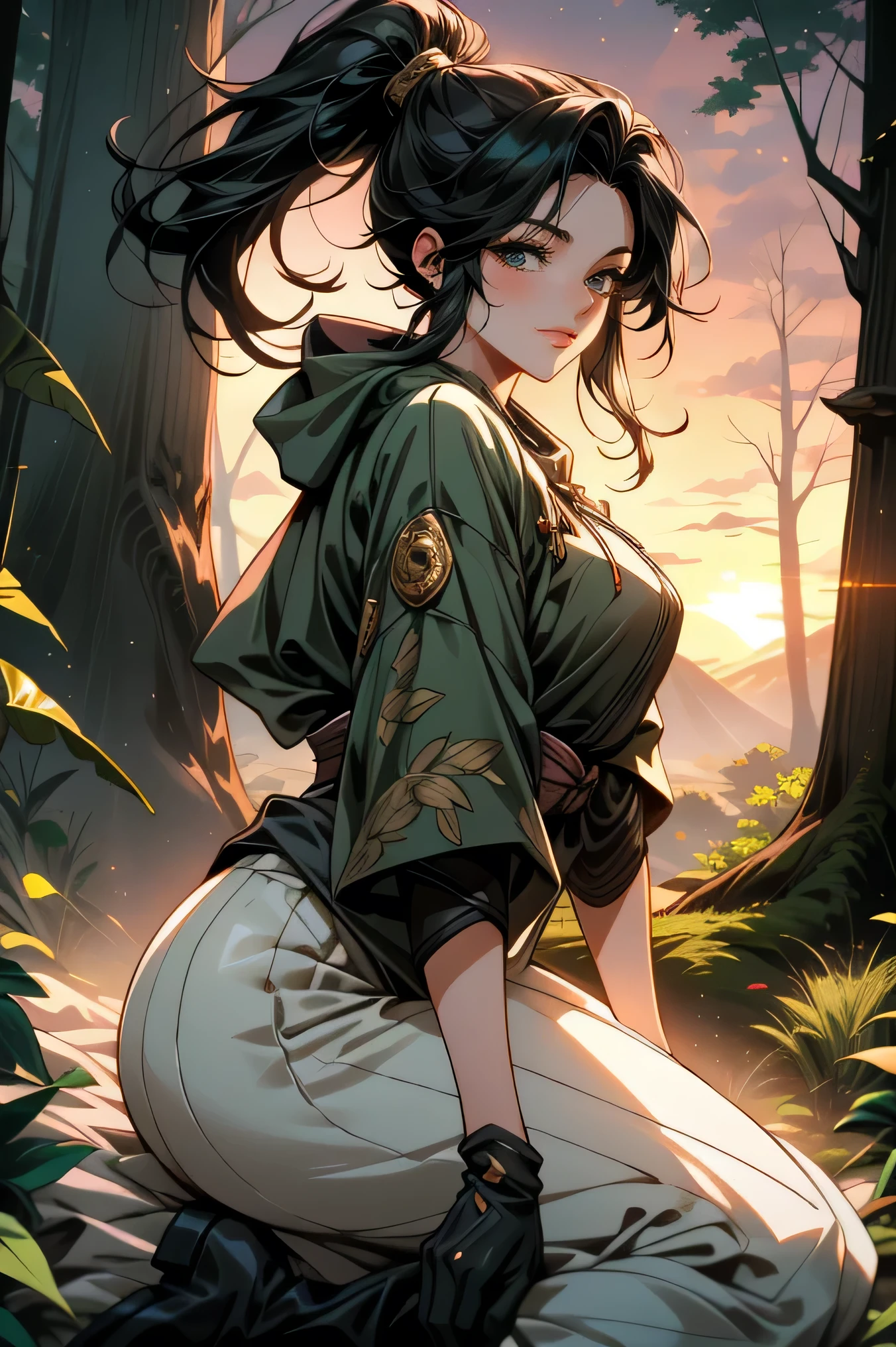 (( ultra-detailed hood is worn, masterpiece, absurd)) dynamic pose, woman , detailed eyes, full-length, kind smile, black hair , high ponytail , green eyes, fantasy Japanese-style clothing, talismans, hood, gold jewelry, sunset forest, beautiful detailed forest