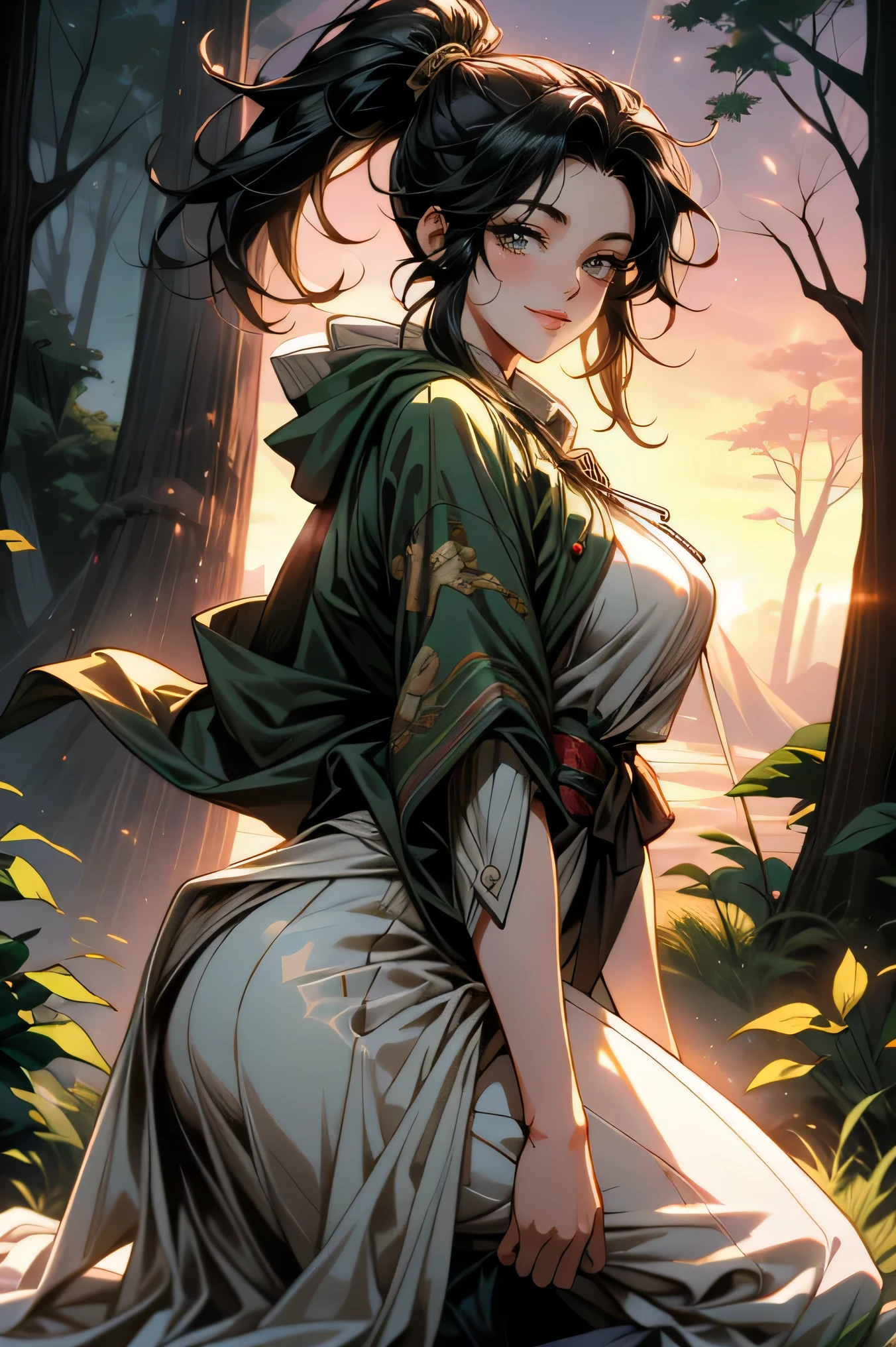 (( ultra-detailed hood is worn, masterpiece, absurd)) dynamic pose, woman , detailed eyes, full-length, kind smile, black hair , high ponytail , green eyes, fantasy Japanese-style clothing, talismans, hood, gold jewelry, sunset forest, beautiful detailed forest