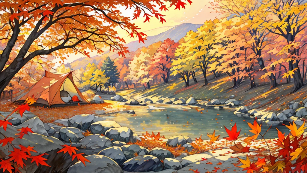 (masterpiece:1.2),  best quality ,Pixiv,  Kampala, Super detailed, it makes you feel the calm and rich beauty of nature （1.7）No humans appear,
Humans not included, Fall campground、There is one camping tent on the front right side of the screen that looks big and there is a bonfire stand beside it、Fallen leaves and autumn leaves that block the view fly through the air 
Morisora 、 Spirit Beautiful Sunset Light Shines In 、 leaves, natural beauty, surprise, magic, red leaves, yellow leaves, autumn leaves, forest light effects, mysterious atmosphere, shadow composition, another world experience