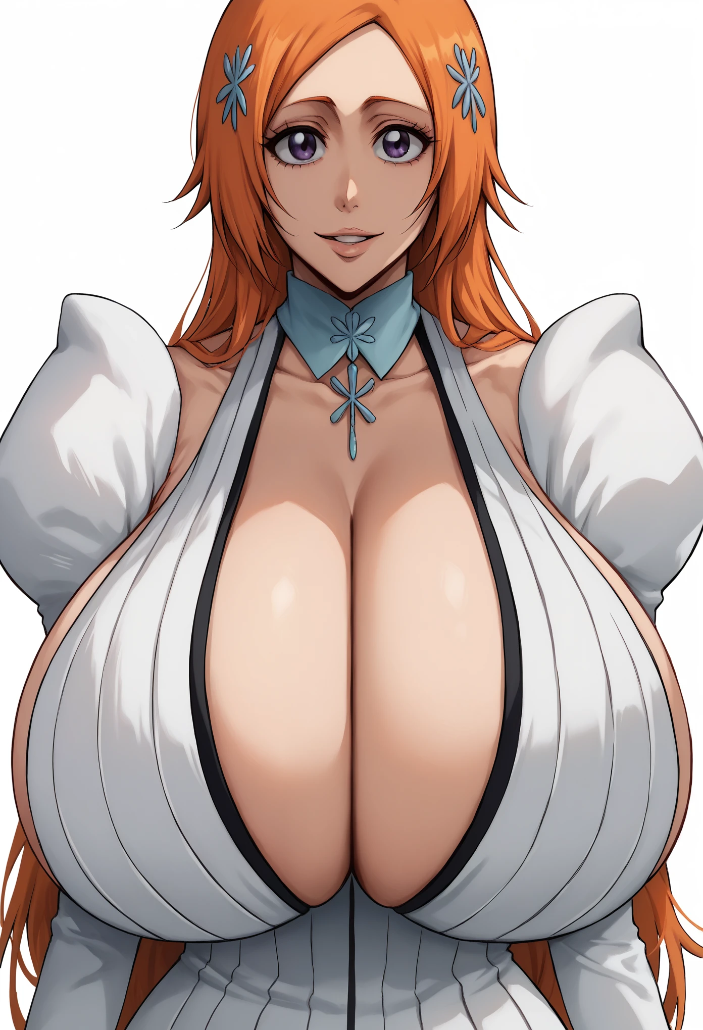 portrait, solo focus, solo, close-up, (white background, plain background, simple background:1.3), looking at viewer, (parted lips:1.2), :1.2) eft_bleach_orihime, orihime the thousand year blood war arc, 1girl, inoue orihime, solo, long hair, orange hair, grey purple eyes, white dress bleach, huge breasts, sleeves, hair ornament, large breasts, white dress, the thousand year blood war outfit orihime, cleavage, hairclip, purple eyes, smile, happy, from front,