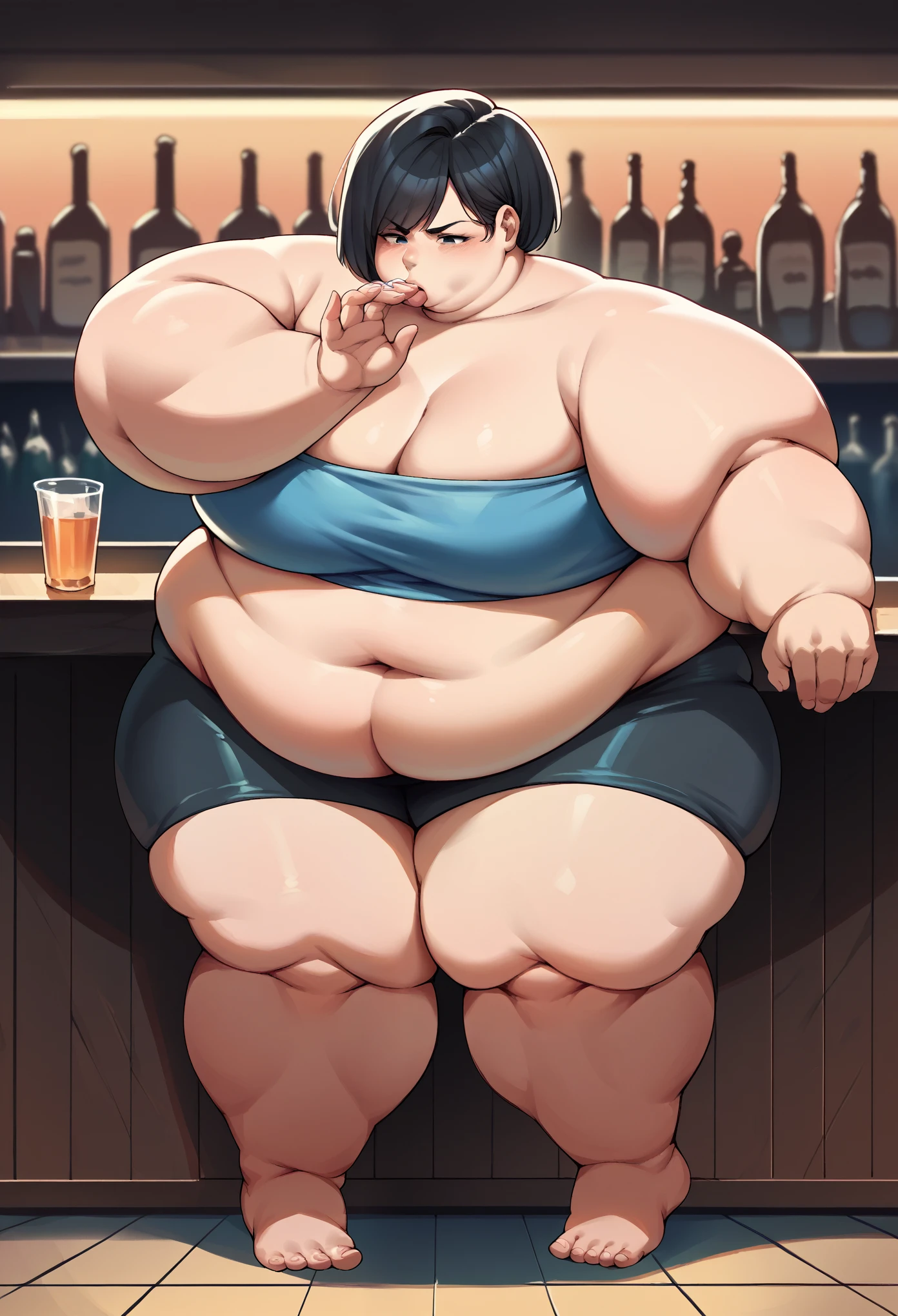 hiraguchip5, short hair, black hair, blue tube top, black bike shorts, midriff, cleavage, fat, chubby, obese, bar, full body shot, gigantic arms and legs, fellatio gesture