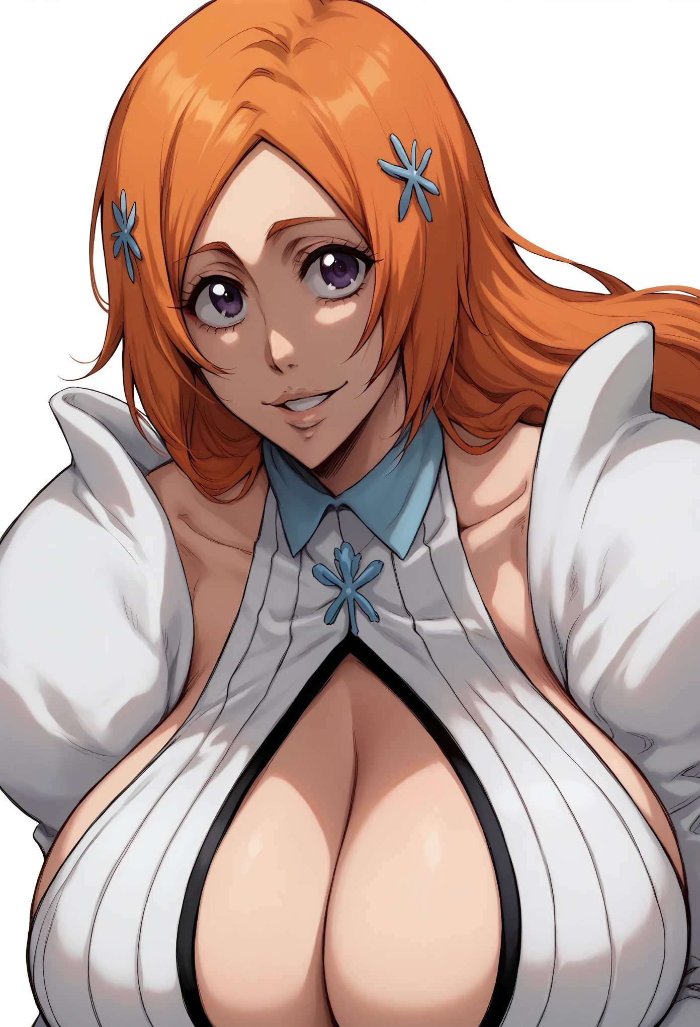 portrait, solo focus, solo, close-up, (white background, plain background, simple background:1.3), looking at viewer, (parted lips:1.2), 
:1.2)
eft_bleach_orihime, orihime the thousand year blood war arc, 1girl, inoue orihime, solo, long hair, orange hair, grey purple eyes, white dress bleach, huge breasts, sleeves, hair ornament, large breasts, white dress, the thousand year blood war outfit orihime, cleavage, hairclip, purple eyes, smile, happy, from front,