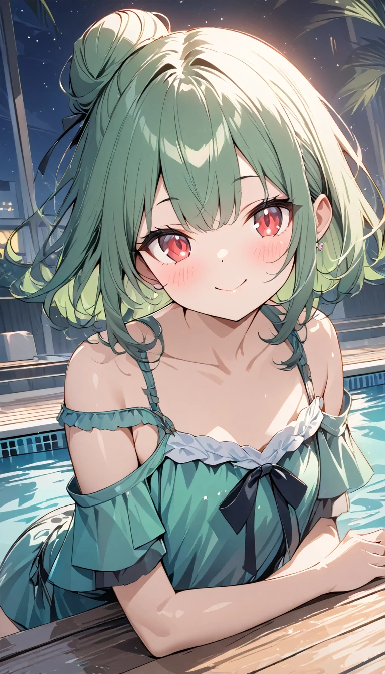 Momoko Sakura style、8K quality、, Best Quality,(((Rushia)))、(((Young Girl)))、(( 1 girl)),( Red Eyes),（Short stature）,((Emerald green hair))、Bun Hair、Young appearance、(( swimsuit))、Night Pool、 large pool and poolside、romantic,（ soaked in water ）、Beautiful night sky,((( exposed shoulder ))),Smiling with mouth closed、 happy face, 、Avant-garde pop art, Beautiful and expressive paintings,  beautiful artwork illustration, Cool Beauty、 vector art ,  stylish design, (((Best Quality))),  Kampala, ((masterpiece)), ((Super Details)),（ beautiful skin in NFSW）,(Beautiful fingertips)