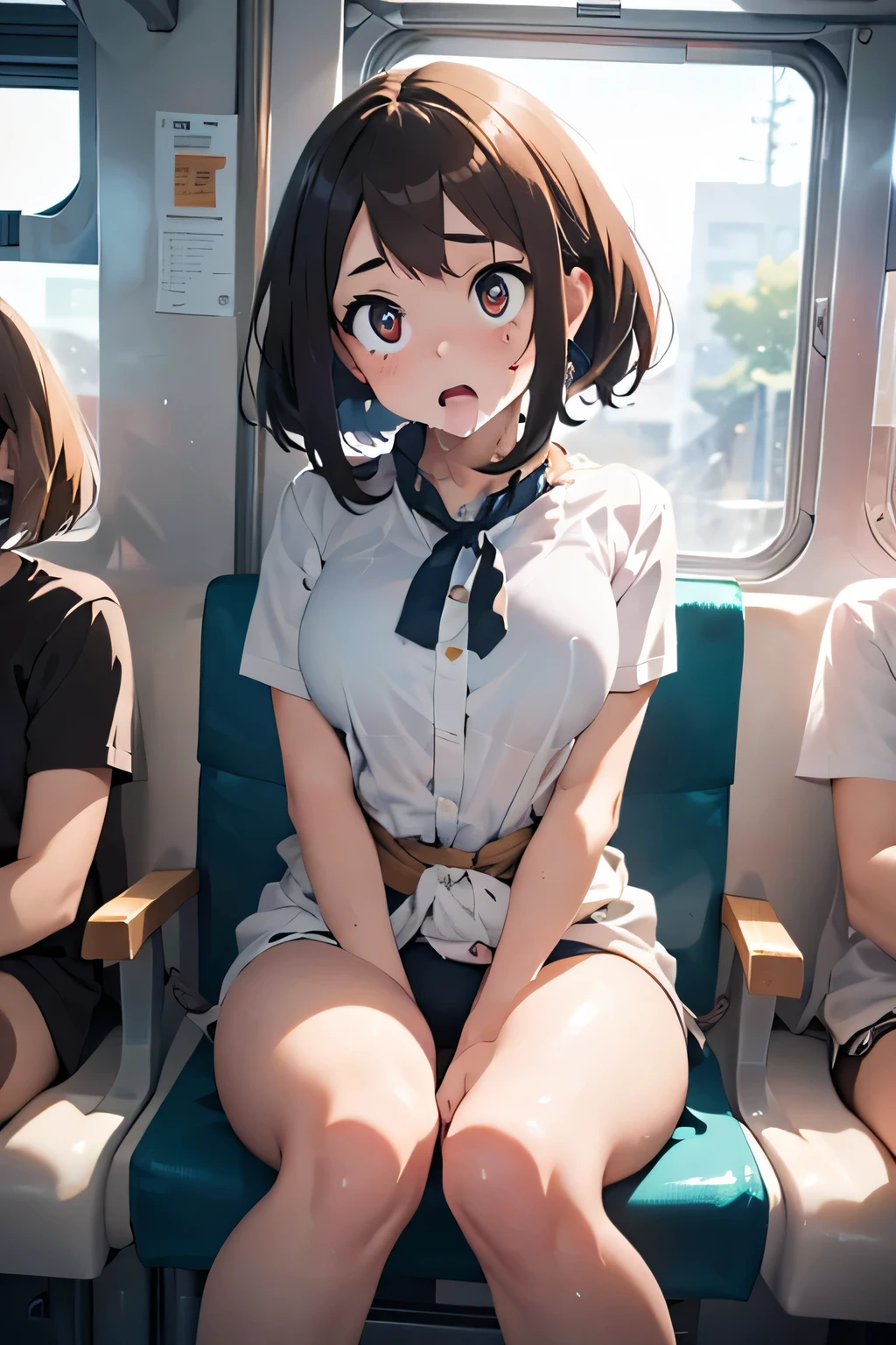 ( very detailed CG Unity 8k 壁紙),(masterpiece), ( best quality ), ( very detailed ), (Best Illustration),( BEST SHADOW ),  focus on butt (Camel Toe 1.2)、Sit on the train seat、 face-to-face photo shoot 、crowd(The boy is looking at her.2)、 id day 、 bodysuit(G-string 1.2)、brown short cut hair(Sweat-proof skin)、 spread his legs, Lift your legs,   leg hanging around her neck  , Knees to chest、Viewers looking up from below、 she's watching from below(sweat, , Narrow eyes,  opens her mouth)、Perfect fingers、 beautiful eyes、Big Breasts、 Thin Waist、 perfect bodies 、