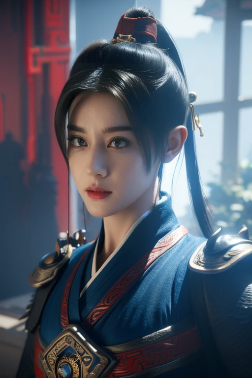 Masterpiece,Game art,The best picture quality,Highest resolution,8K,(Portrait:1.5),Unreal Engine 5 rendering works,(Digital Photography),
Girl,Beautiful pupil,(Gradual short hair is blue and red),Busty,(Big breasts),
(A female general in the ancient fantasy style),(Future combat dress combined with Chinese fantasy style clothing,Chinese style Han costume),Ribbon,Ancient magic patterns glow,Armor rich in detail,(Ancient fantasy),
Movie lights，Ray tracing，Game CG，((3D Unreal Engine))，OC rendering reflection pattern