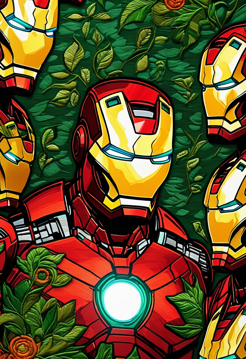 ((best quality)) , ((masterpiece)) , (detailed) ,Iron Man pattern, (embroidery:1.3) , it is Verdant and [Hideous|Tired],Smoky Conditions, horizon-centered, Neo, Ethereal Lighting, Fish-eye Lens, deep green color grading