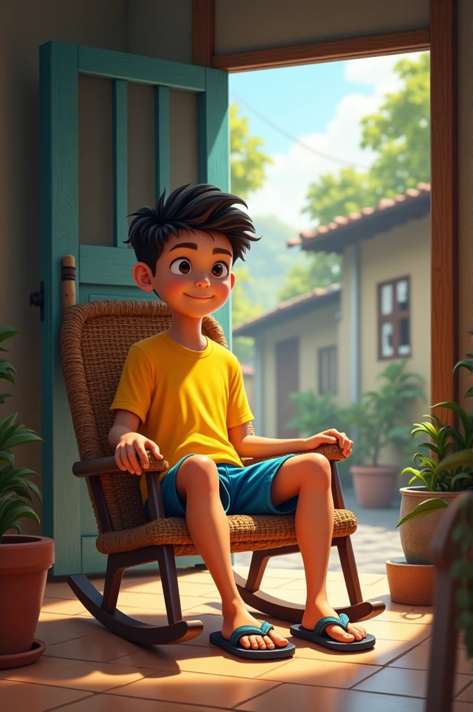 18-year-old teenager wearing yellow t-shirt and blue shorts and Hawaiian flip flops sitting on fiber rocking chair in his pants at home in a poor neighborhood in Colombia 