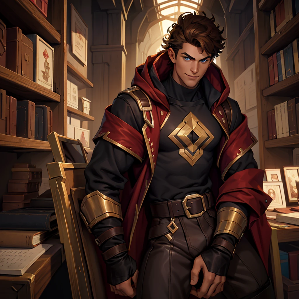 splash art of an eighteen year old man, tanned skin, curly brown hair, blue eyes, divine cute beauty square face, he is wearing a tight black t-shirt, brown leather pants, a dark red cloak with a hood, relaxed pose talking sideways, top image, he is in a library small smile