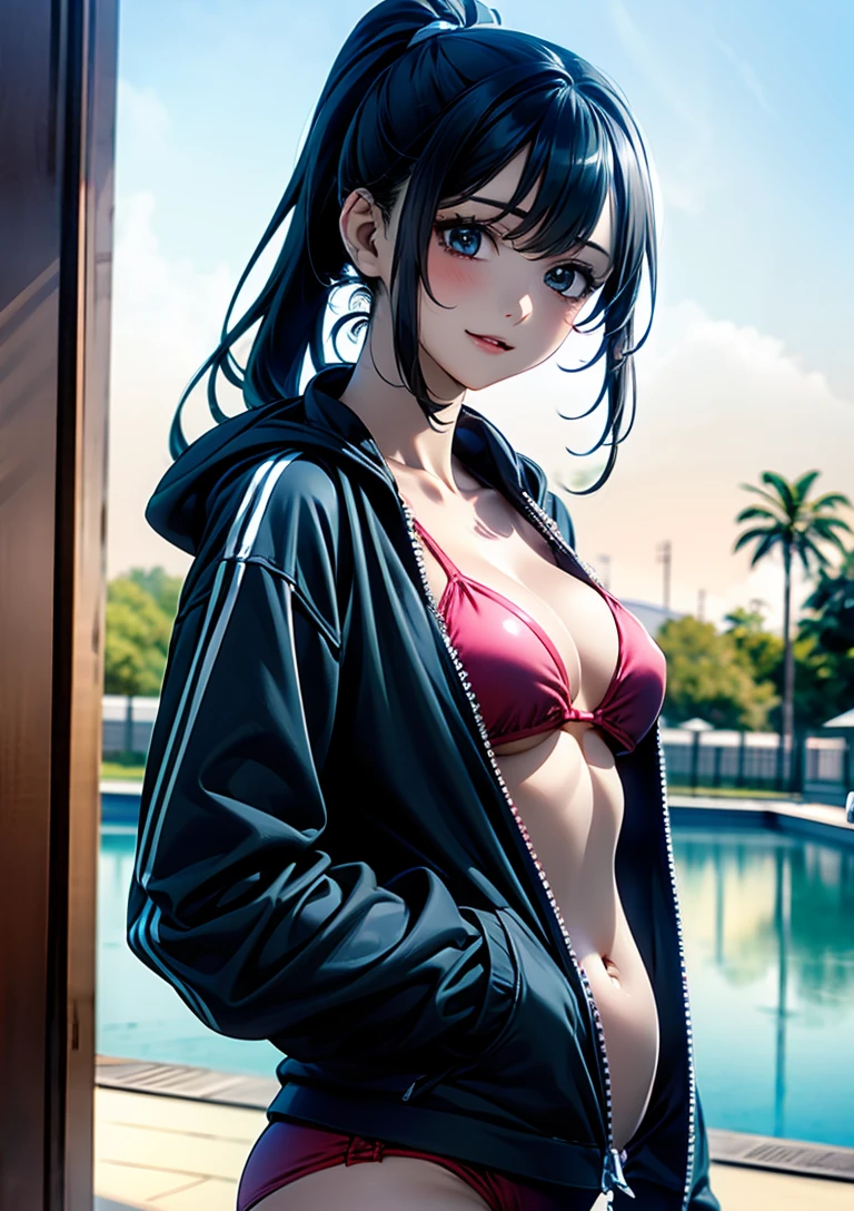  Extremely Exquisitely Drawn Statues of Goddesses , Highly Detailed Shots of Women , beautiful empress , Japanese Goddess,  ASIAN HIGH DETAIL ,  beautiful and charming anime teen , Super detailed and realistic , 3D Anime Real,  photorealistic rendering of an anime girl opening and wearing a light blue zip-up hoodie,One Woman, ponytail,Blonde, poolside,A woman in a red bikini poses for a photo ,  Open and wear a light blue zip-up hoodie, young cute gravure idol ,  swimsuit, wearing two - piece  swimsuit,  young gravure idol , is wearing a  swimsuit, realistic  young gravure idol , In a bikini, Natural Light,Casual atmosphere, Front View, The depth of deep writing, Balanced Exposure,Slightly happy expression , As an anime character,  she has a cute expression , Dark cute