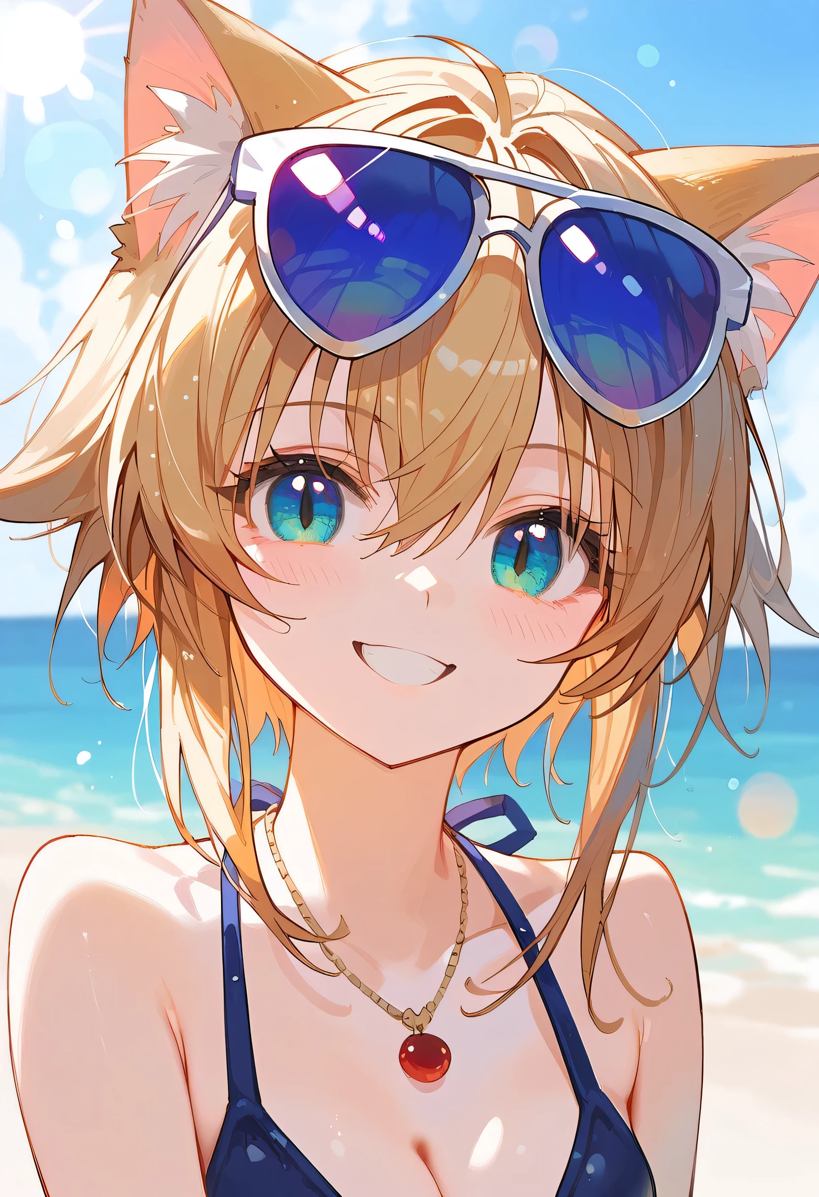 No. 3, close, masterpiece, best quality , Bokeh, cute, Still a kitten (DXD), 1 girl, swimsuit, Beach, sunglasses, smile, cat ears