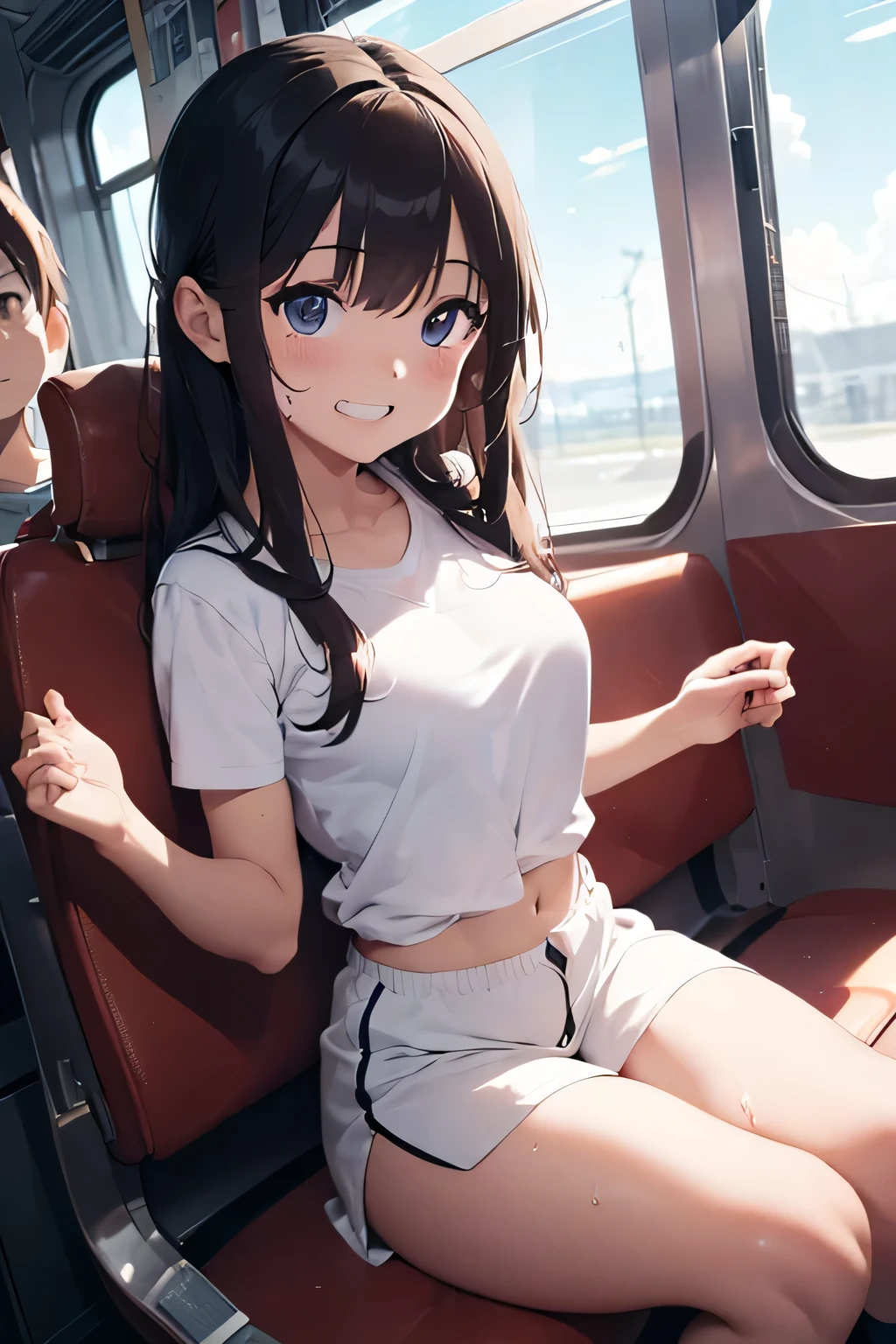 ( very detailed CG Unity 8k 壁紙),(masterpiece), ( best quality ), ( very detailed ), (Best Illustration),( BEST SHADOW ),  focus on butt (Camel Toe 1.2)、Sit on the train seat、 face-to-face photo shoot 、crowd(The boy is looking at her.2)、 miniskirt 、White shorts(G-strings 1.2)、(Sweaty skin)、 spread his legs, Lift your legs,   leg hanging around her neck  , Knees to chest、Viewers looking up from below、 she's watching from below(Grin)、Perfect fingers、 beautiful eyes、Big Breasts、 Thin Waist、 perfect bodies 、