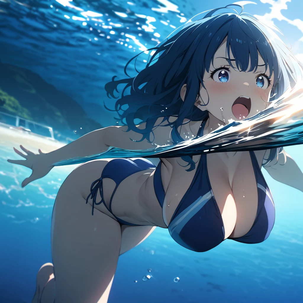 Top quality, masterpiece, watercolor style, woman, blue hair, blue eyes, big breasts, glowing ocean floor, mysterious transparent leotard swimsuit, bubbles, school of fish, coral, best smile, arms stretched towards the ground