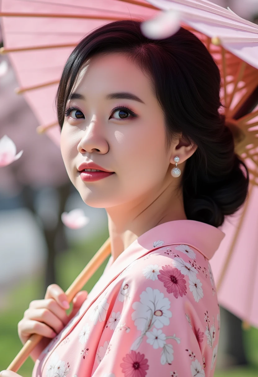 An elegantly dressed Japanese woman in natural light. A close-up of her chest and calm expression. It shows her inner peace and outer charm.。Also、She has a Japanese umbrella spread over her head and smiles as she watches the cherry blossom leaves fall.。detailed face, detailed eyes, detailed lips, detailed nose, best quality, 4k, 8k, high resolution, masterpiece:1.2, ultra-detailed, realistic, photorealistic:1.37, HDR, UHD, bokeh, super photography, dramatic light, lady,