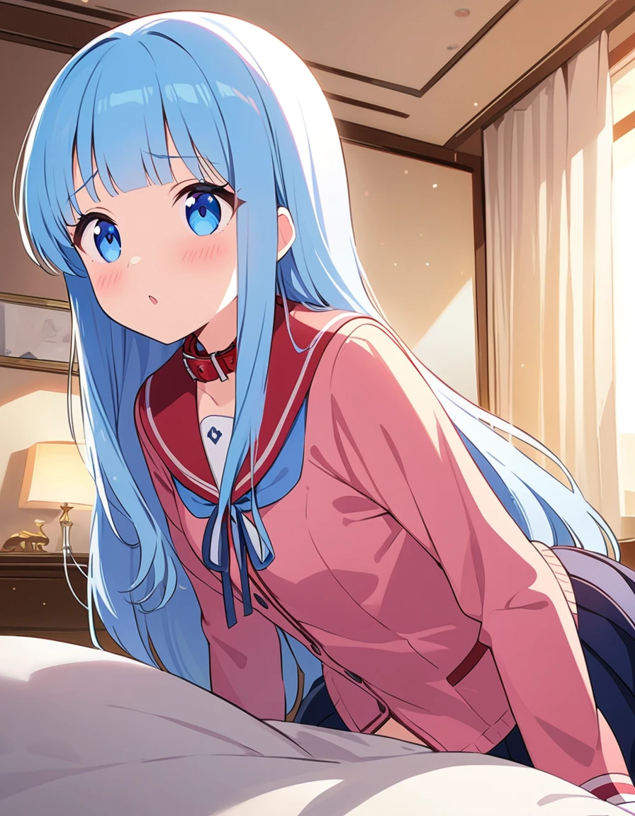 asterpiece, best quality, extremely detailed, (illustration, official art:1.1), 1 girl ,(((( light blue long hair)))), ,(((( light blue long hair)))),light blue hair, , long hair ((blush)) , cute face, big eyes, masterpiece, best quality,(((((a very delicate and beautiful girl))))),Amazing,beautiful detailed eyes,blunt bangs((((little delicate girl)))),tareme(true beautiful:1.2), sense of depth,dynamic angle,,****,young, affectionate smile, (true beautiful:1.2),,(tiny 1girl model:1.2),)(flat chest)、score_9, score_8_up, score_7_up, rating_explicit, score_anime, masterpiece, best quality, delicate illustration, sharp line, sharp focus, time_night, from below, BREAK POV, a girl, very cute face, pet red collar, school uniform, intense sex, girl on top, vaginal penis, v arms, (arched back), (intense orgasm, gasp ecstasy:1.1), (motion line:1.1), at bed room in luxurious hotel, cinematic room light,(torogao), 