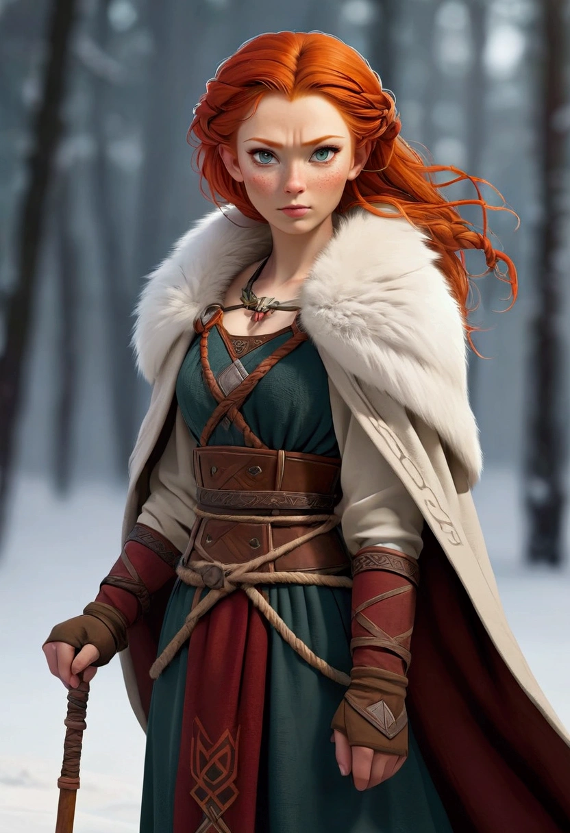  feminine, not masculine, indigenous norse clothes with fur, tall, short red hair, female face, in cold climate, wide hips, narrow shoulders