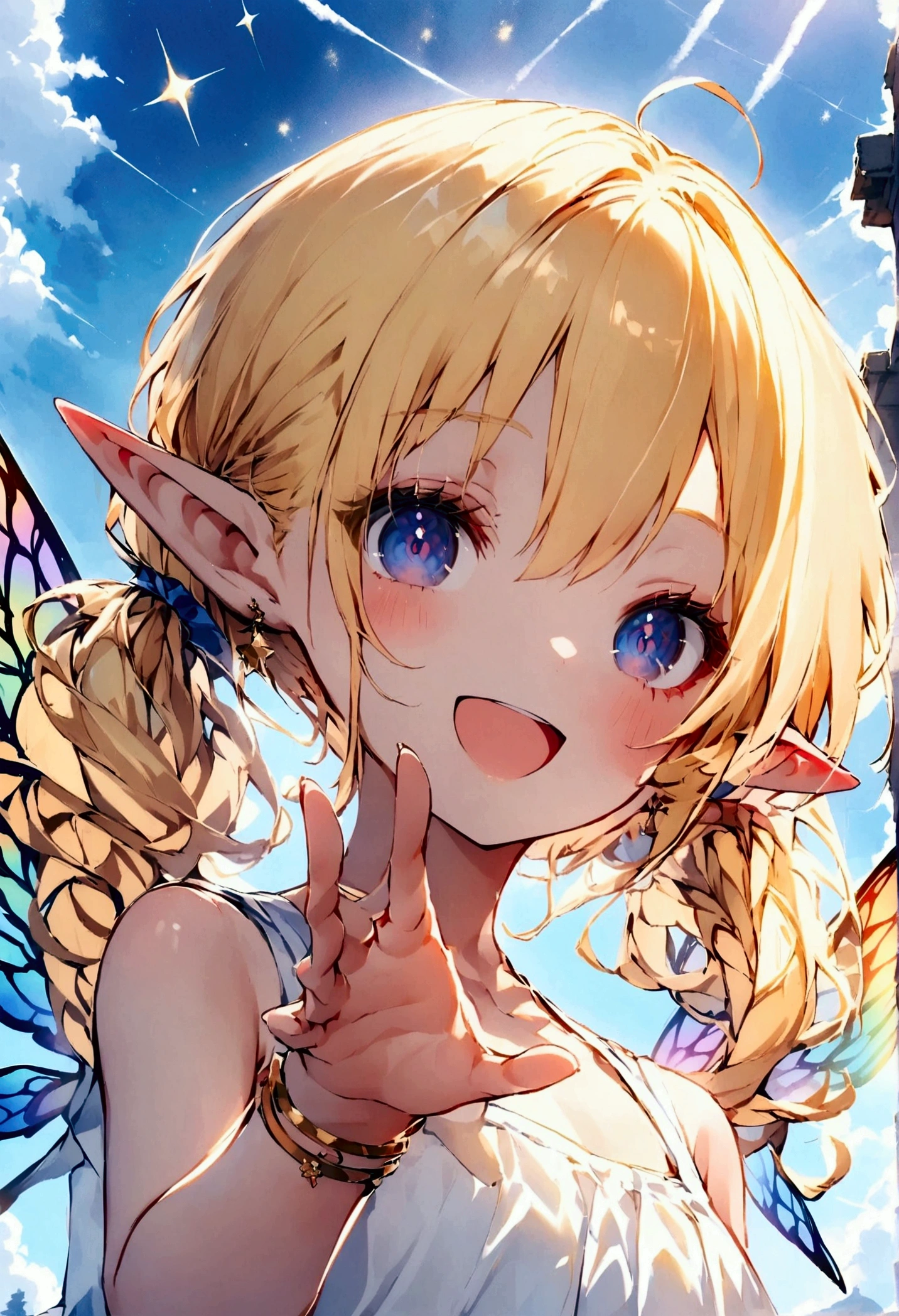 score_9, score_8_up, score_7_up, 1girl,****,girl,little_girl,kawaii,fairy,petite,slender face,blonde hair,twintails,elf ears,odd eyes,Slightly_open_mouth,fairy_wings,white_summer_dress,bare_legs,barefoot,sleeveless,bangle,:d,flying,outstretched_arm,incredibly absurdres ,starry_background,from_below,looking_down,looking_at_viewer