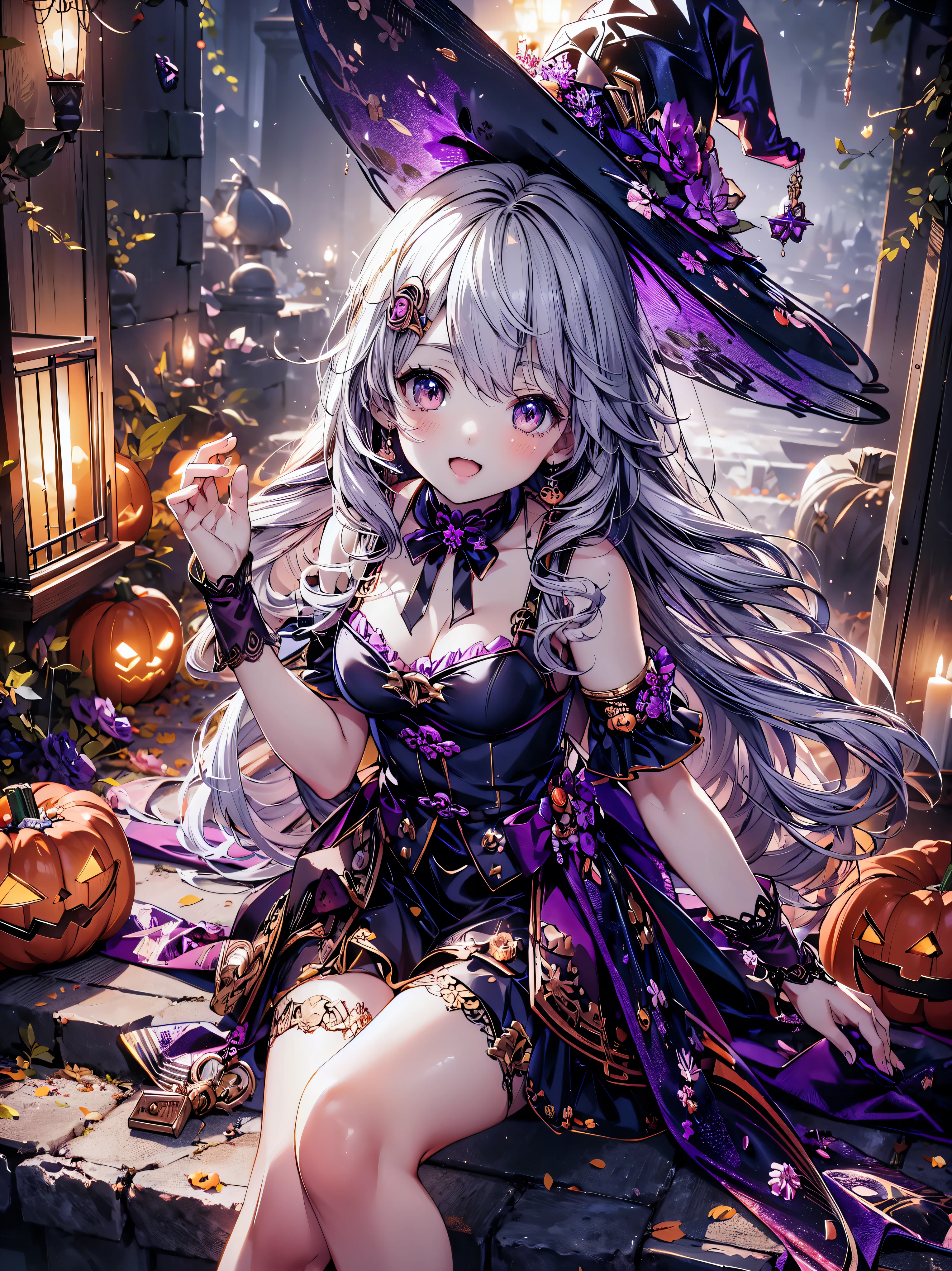 (( super high image quality )), ((Super detailed)), ((Best Quality)), Young woman,  Halloween , witch, witch's hat, lanthanum, 🎃, ((sweets, candy, cookie)), 
BREAK 
wavy hair, happy smile, from front, sitting, (((Complete Hand))),  amazing digital paint , (anime moe art style:1.3),