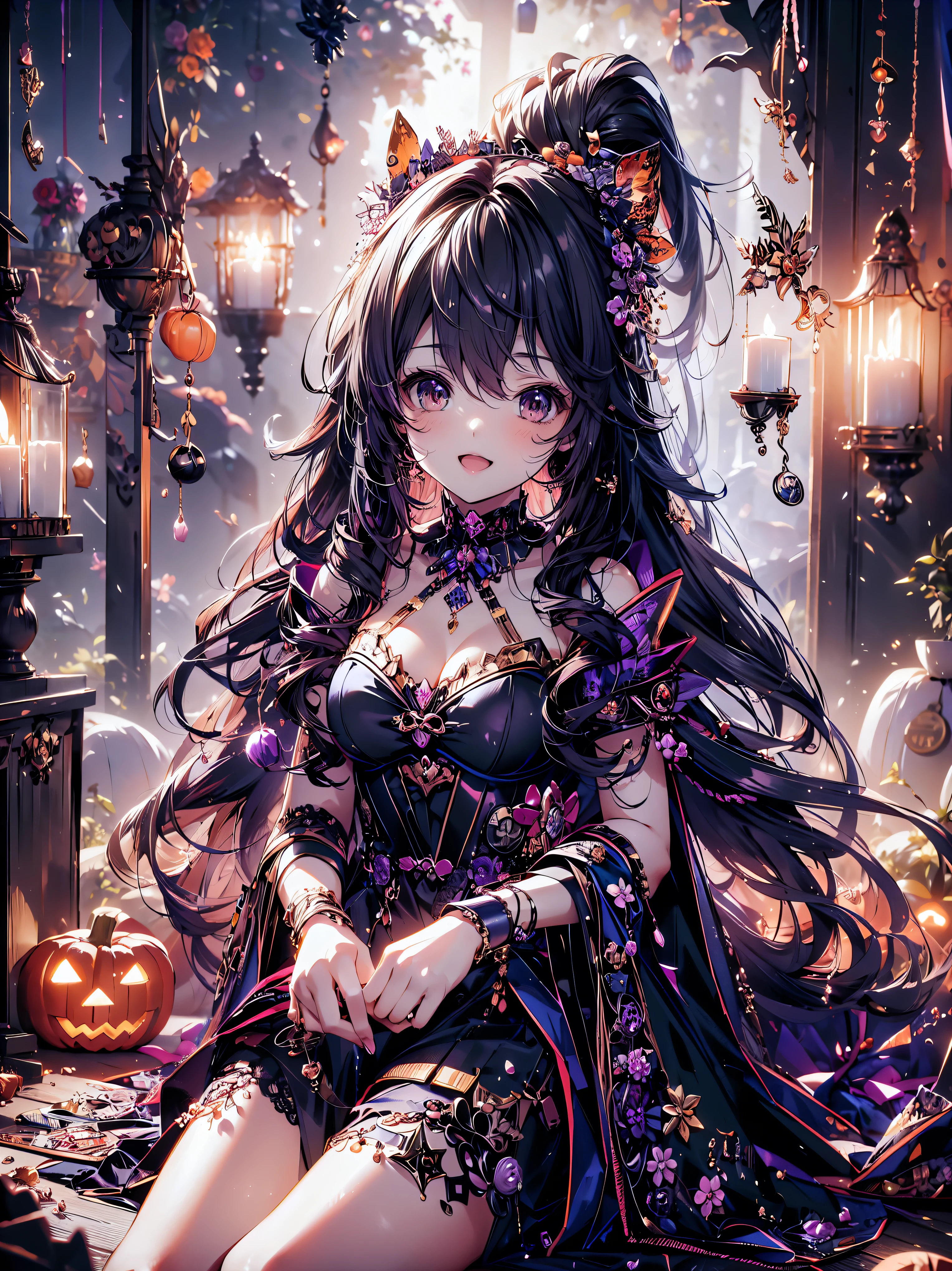 (( super high image quality )), ((Super detailed)), ((Best Quality)), Young woman,  Halloween , witch, witch's hat, lanthanum, 🎃, ((sweets, candy, cookie)), 
BREAK 
wavy hair, happy smile, from front, sitting, (((Complete Hand))),  amazing digital paint , (anime moe art style:1.3),