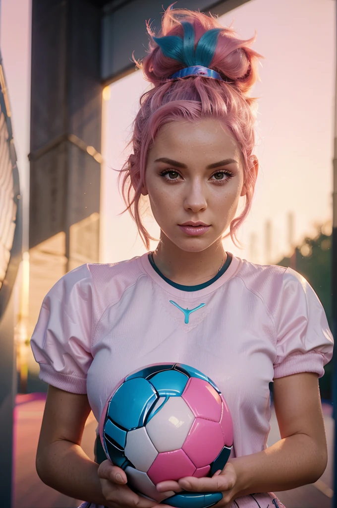 a close up of a woman with pink hair holding a soccer ball, jen bartel, in style of digital illustration, stunning digital illustration, style hybrid mix of beeple, stylized digital art, in style of cyril rolando, in style of beeple, pink mohawk, beautiful digital artwork, beeple style, epic portrait illustration