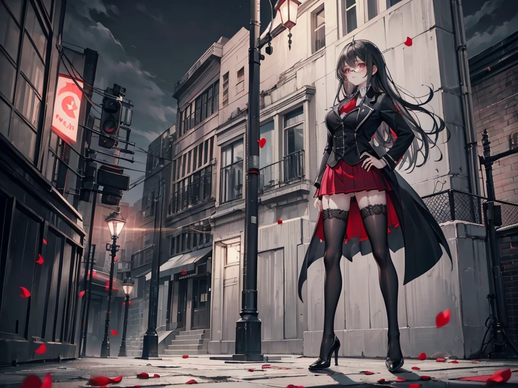  Capable Female ，Rose petals，((Gray suit,Hip Skirt)),(((Street Lights)))， standing in front of the company，(( black hair))，(( red eyes ))，Waist-length hair，(((Black stockings)))，Call up，glasses， clean and tidy (Character Concept Diagram),Building background ，(Lace Black)，（Full body close-up），