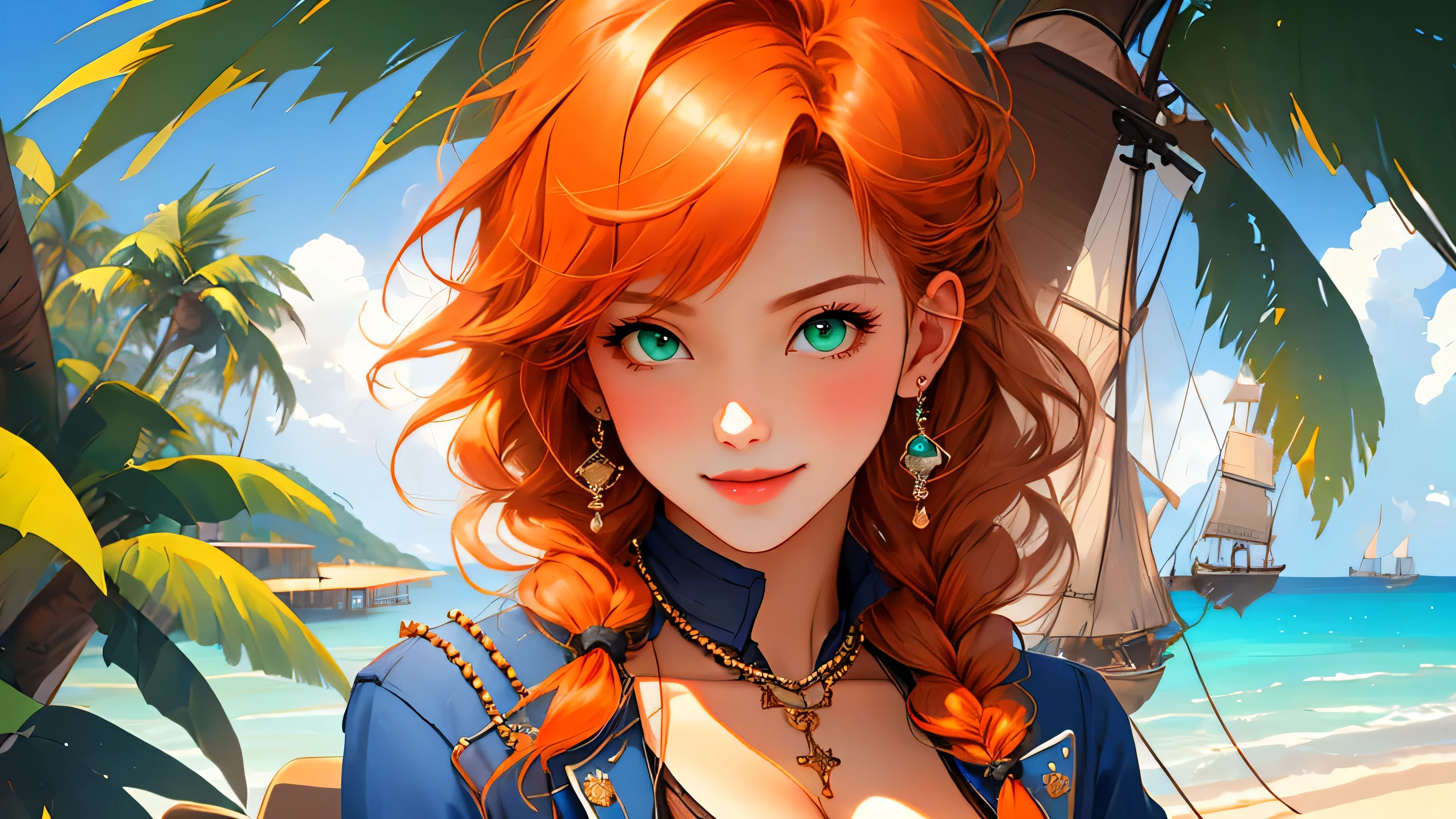 (Only 1 girl, solo, 1girl, single girl), masterpiece, newest, absurdres, highly detailed, beautiful anime, lineart, realistic anime, realistic, extremely cute, ((very aesthetic, best quality, ultra detailed)), (perfect face, cute face, like face), petite, (pirate girl), (orange hair, braids, messy hair, short hair, bangs), (beads, jewelry), braids, skinny, smile, big green eyes, dark tan, small hips, perky breasts, breast squeeze, blue open shirt, pointy nipples, cleavage, background tropical island, Caribbean island, pirate dock, pirate ship,