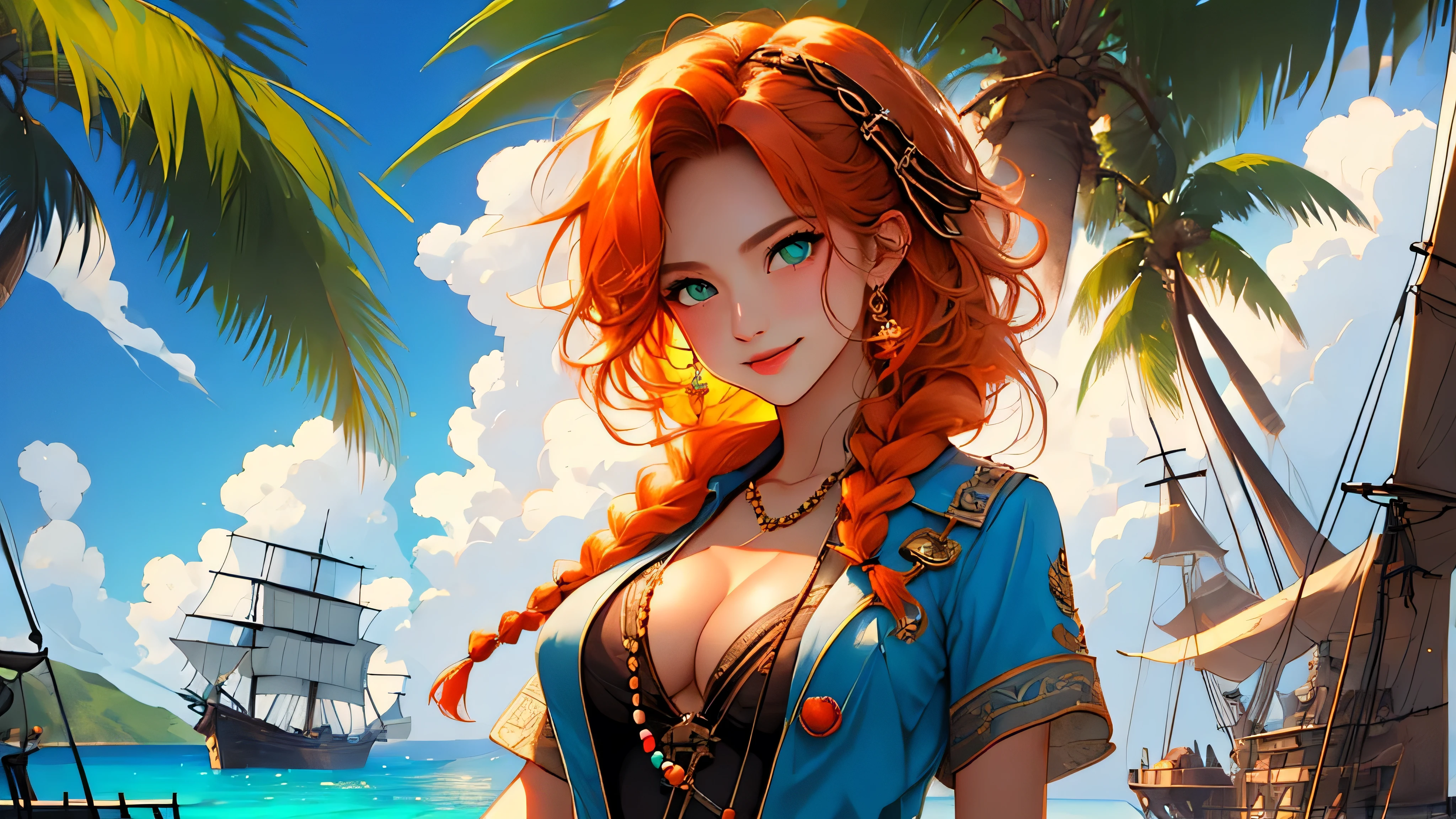 (Only 1 girl, solo, 1girl, single girl), masterpiece, newest, absurdres, highly detailed, beautiful anime, lineart, realistic anime, realistic, extremely cute, ((very aesthetic, best quality, ultra detailed)), (perfect face, cute face, like face), petite, (pirate girl), (orange hair, braids, messy hair, short hair, bangs), (beads, jewelry), braids, skinny, smile, big green eyes, dark tan, small hips, perky breasts, breast squeeze, blue open shirt, pointy nipples, cleavage, background tropical island, Caribbean island, pirate dock, pirate ship,