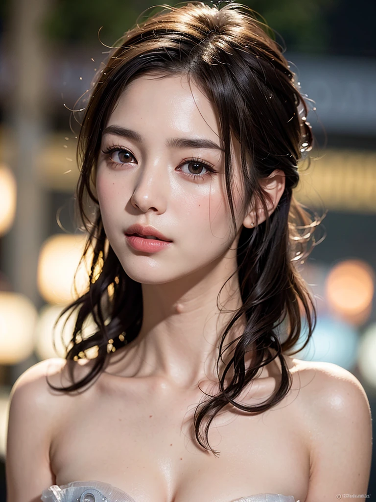 doress、(Photorealsitic:1.4)、(hyper realisitic:1.4)、(realisitic:1.3)、(Smooth lighting:1.05)、(Improved lighting quality in movies:0.9)、32K、1girl in、A 24-year-old girl、large full breasts、erectile nipple、no-bra、Tall slender super beautiful woman、Realistic lighting、Back lighting、Facial light、raytrace、(brightened light:1.2)、(enhanced quality:1.4)、(Top quality real texture skins:1.4)、finely eye、finerly detailed face、Fine quality eye、(Tired, sleepy and satisfied:0.0)、beautiful brown hair、 close up of face、tshirts、(enhance body line mood:1.1)、(Increase the beauty of skin texture:1.1)、Opens mouth and laughs。