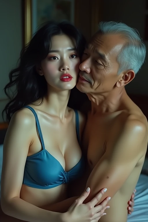 (((1 korean young girl and 1 old korean man facing each other))), {1 korean girl, sexy girl, strikingly beautiful, black hair, big breasts, delicate facial features, porcelain skin, red lips,expressive eyes, ((awe and joy expression)), 18 years old, (Sailor Moon super sailormoon mer1, Tiara, Sailor Moon: 1.2), (hairstyle of the 1980s), her hair styled in classic pin curls, (((girl all nude))),(Orange Choker, white glove, gemstones),(golden tiara, earrings), luxurious golden jewelry, thin, perfect proportions, Thin waist, sexy model pose, visible pores, girl squatting on the bed, (open mouth and tongue out), (((There was a lot of hair on her pussy))), (((open legs in an M shape))), (((lift hands and behind head))), from front, (((open mouth and tongue out)))}, in the shabby and dark hotel room, (((((70 years old korean man wearing business suit))))), (((((70 years old korean man hugging on korean young girl's chest))))), (((focus on 70 years old korean man))),
