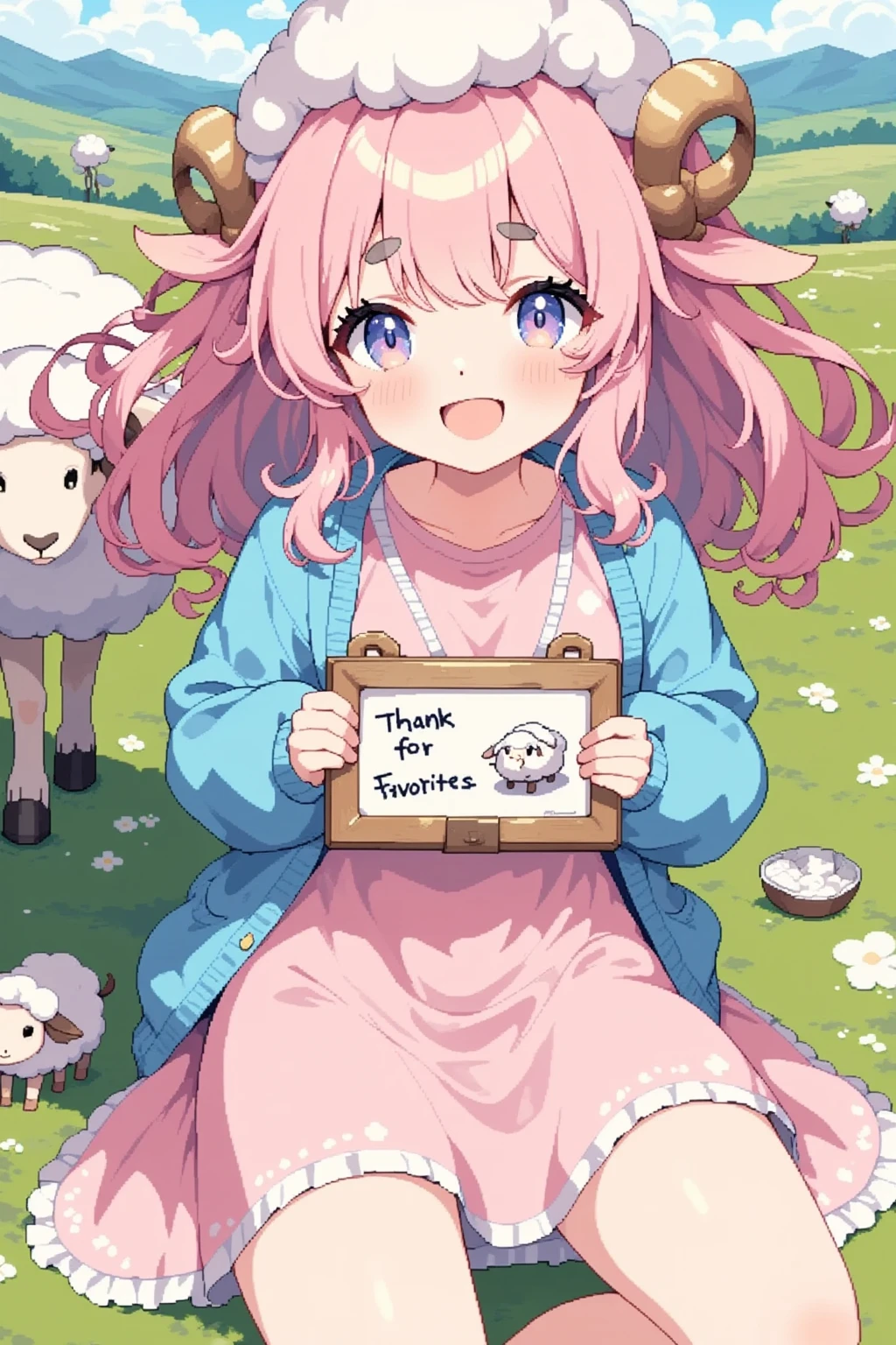 Sheep,  fluffy hair like a pink sheep,  big smile, Pink dress, Sky blue cardigan, cowboy shot,  holding a sketchbook in front of my chest , ”Thank you  for the 2,0000 favorites♥", cute sheep doodle 