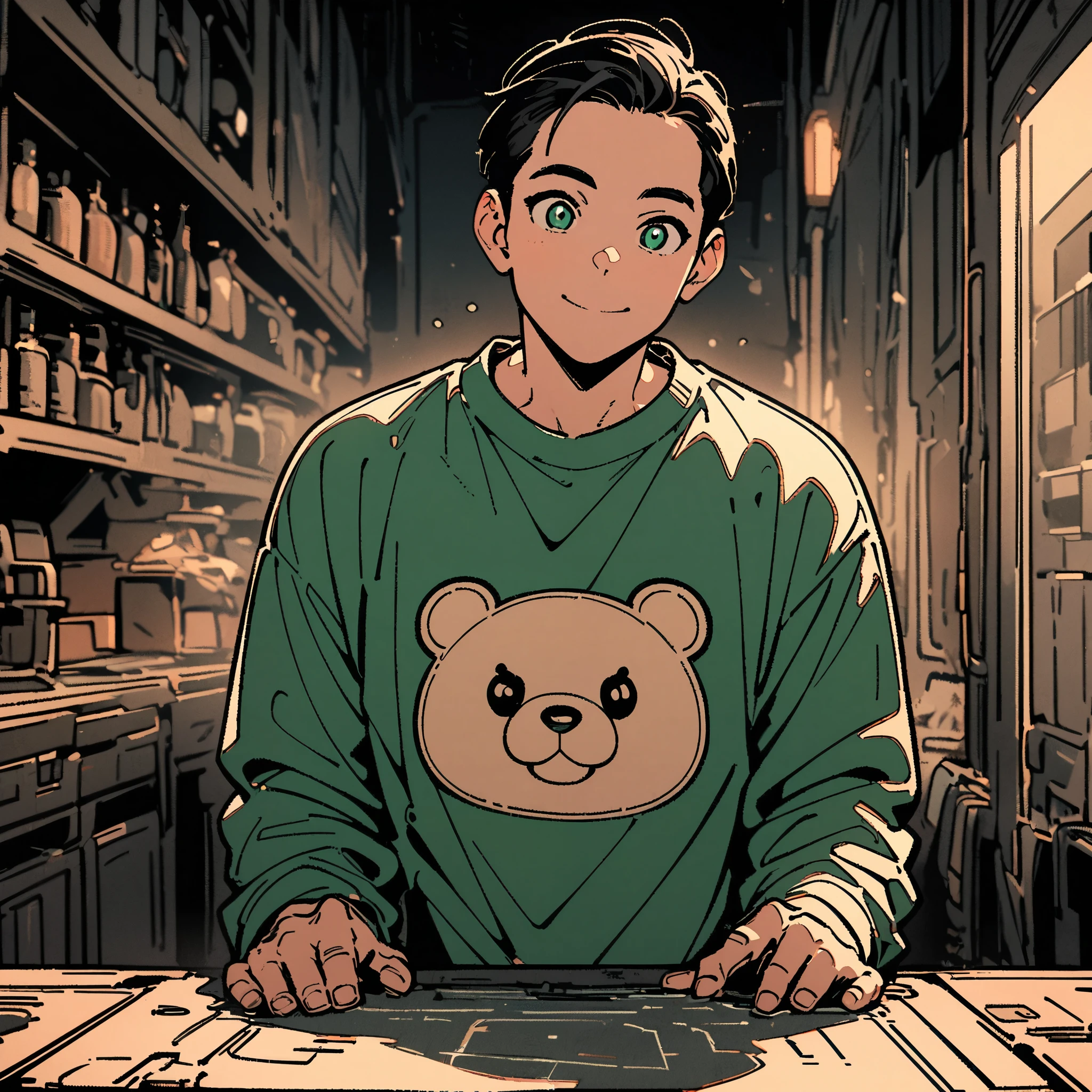 Line art, Comic Line art ,male,Forehead emphasis,Chiban , bear pattern sweatshirt,smile, clear and smooth line ,8k,masterpiece,The color of the clothes is green 、