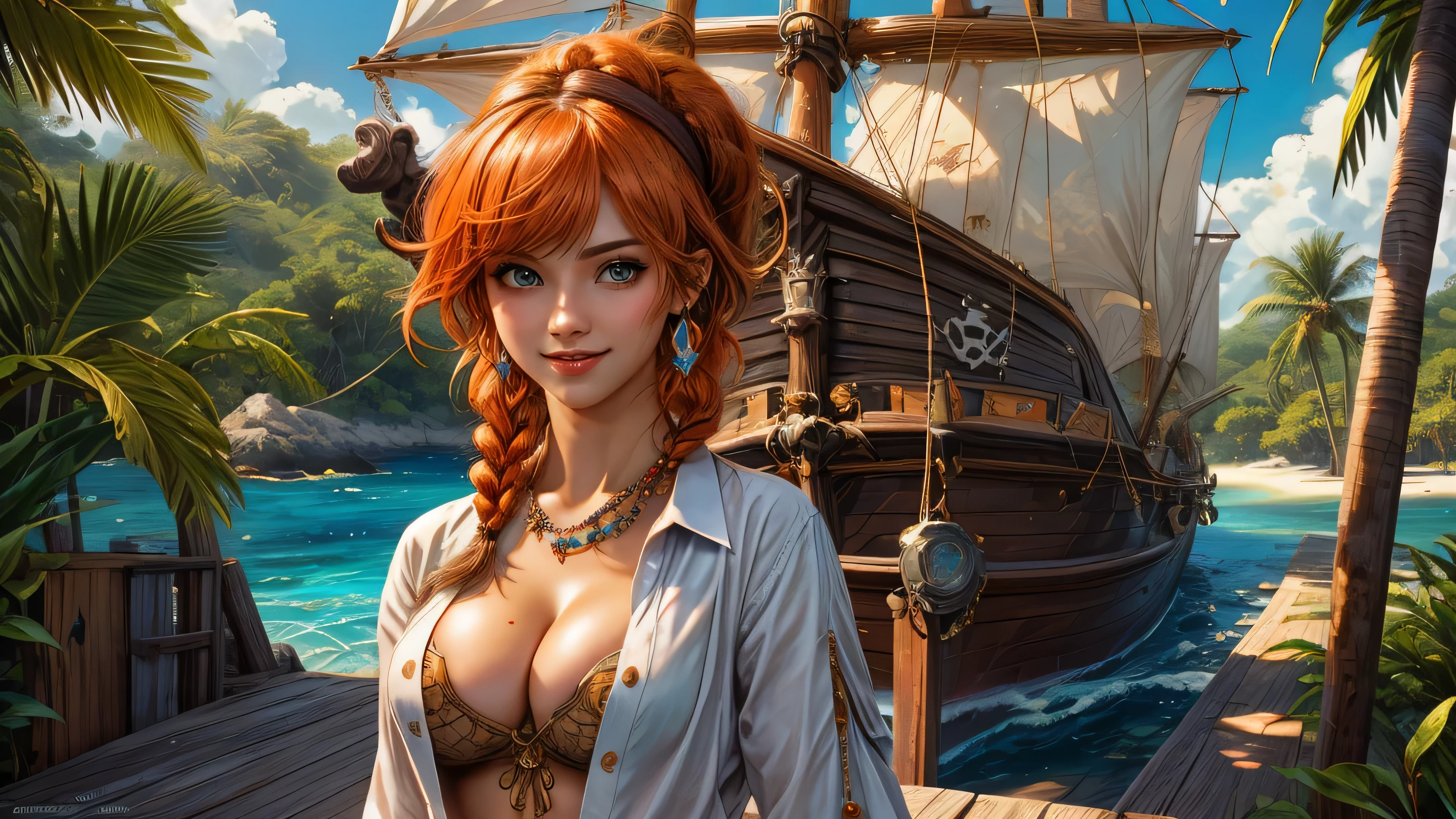 (Only 1 girl, solo, 1girl, single girl), masterpiece, newest, absurdres, highly detailed, beautiful anime, lineart, realistic anime, realistic, extremely cute, ((very aesthetic, best quality, ultra detailed)), (perfect face, cute face, like face), petite, (pirate girl), (orange hair, braids, messy hair, short hair, bangs), (beads, jewelry), braids, skinny, smile, big green eyes, dark tan, small hips, perky breasts, breast squeeze, blue open shirt, pointy nipples, cleavage, background tropical island, Caribbean island, pirate dock, pirate ship,