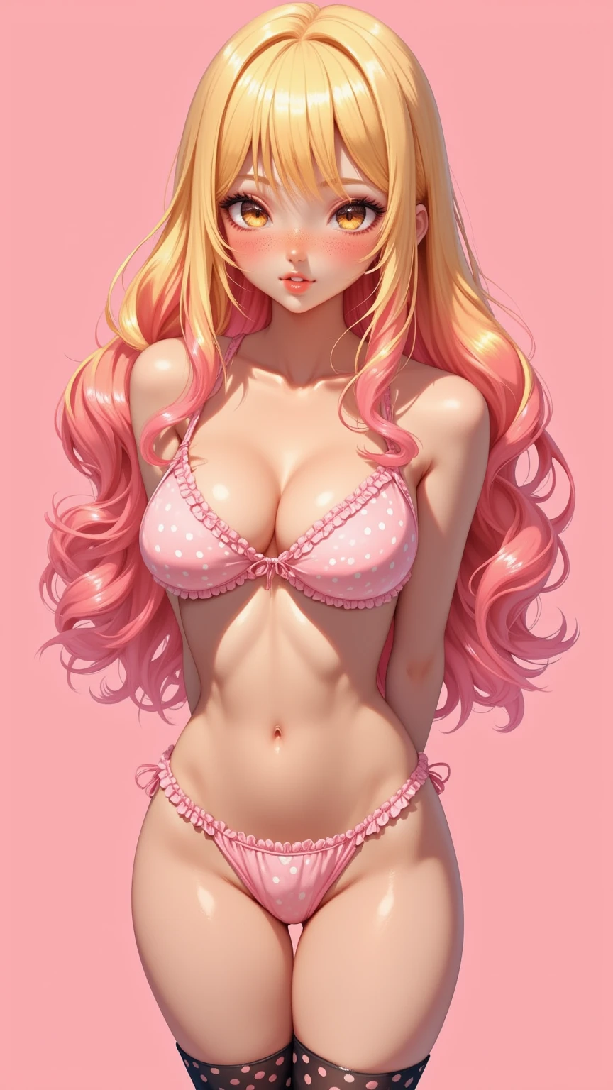 anime style, A young white woman, Her eyes are slanted and a deep pink color, Her hair is long to her hips and wavy and light blonde with pink tips., Her lips are medium, Her body is shaped like an hourglass, with quite a bust and big hips, has a flirtatious expression
