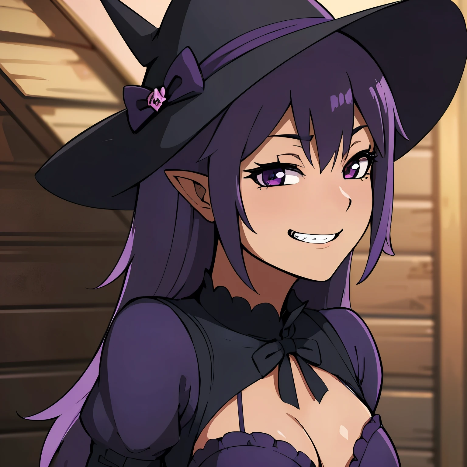 top quality, masterpiece , Ultra High Definition, (photorealistic: 1.4), RAW Photo, Anime girl ta witch in a purple witch's hat and dress pointy ears and a macabre smile is in a shack she has small breasts curvy and is short in stature looking lolik purple hair purple eyes small breasts