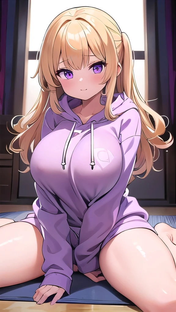  1 girl,  Blonde , Golden Hair、Long Hair, Curly hair、Purple Eyes , 1 girl 、Man's house、living、Very big breasts、Bitch、Tempting、Big Breasts, Sensual face、 clevis,Pink Lip、night、Best Shadow,  best lighting、 White Zip Hoodie 、(((Front opening hoodie))) Open Front、No underwear、Nipples、viewers who expand their vagina holes 、Leg spread、 open their crotches、On the mat