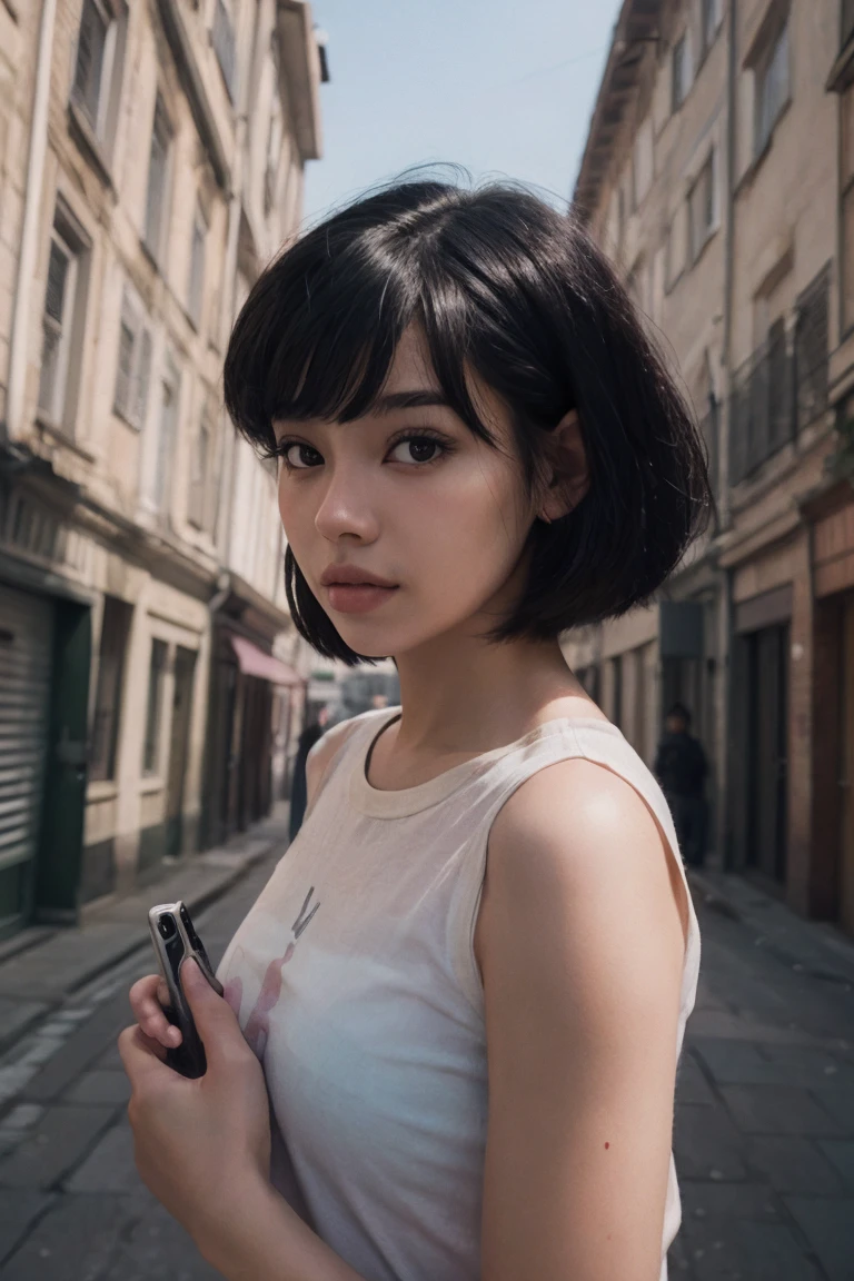 (photorealism:1.2), beautiful woman, bob cut, teen, black hair, Fujifilm X100V