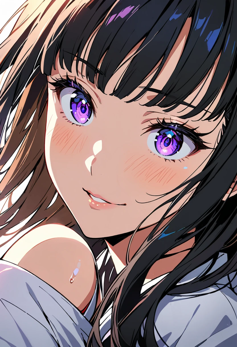 masterpiece:1.2, highest quality, Best aesthetics, source_anime, 1girl, solo, black hair, long hair, purple eyes, hime cut, headband, big breast, japanese clothes, miko, smiling BREAK, (highest quality:1.2, Very detailed, High Detail, digital coloring, High Contrast), detailed and lined eyes, defined eyelashes, eye shadow, crystal clear eyes, Beautiful fine details, ((Detailed eyes)), Beautiful lip detail, Very detailed目と顔, Long eyelashes, (One girl), Close-up shot, Portraiture, Lying in bed, Soft lighting, Calm colors, Graceful pose, sexy pose, open mouth, excited expression, Long Straight Hair, wet face, blush face.