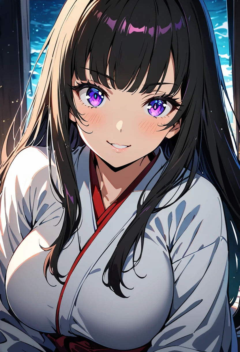 masterpiece:1.2, highest quality, Best aesthetics, source_anime, 1girl, solo, black hair, long hair, purple eyes, hime cut, headband, big breast, japanese clothes, miko, smiling BREAK, (highest quality:1.2, Very detailed, High Detail, digital coloring, High Contrast), detailed and lined eyes, defined eyelashes, eye shadow, crystal clear eyes, Beautiful fine details, ((Detailed eyes)), Beautiful lip detail, Very detailed目と顔, Long eyelashes, (One girl), Close-up shot, Portraiture, Lying in bed, Soft lighting, Calm colors, Graceful pose, sexy pose, open mouth, excited expression, Long Straight Hair, wet face, blush face.