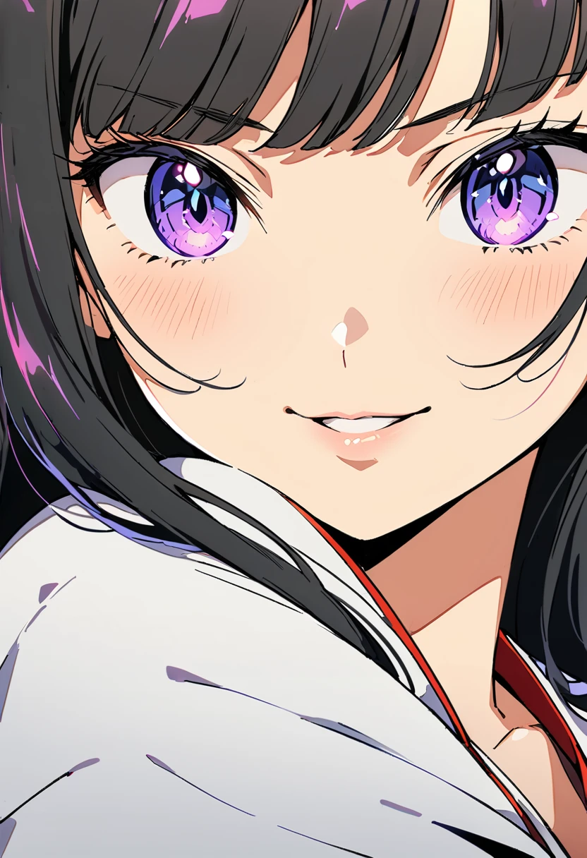 masterpiece:1.2, highest quality, Best aesthetics, source_anime, 1girl, solo, black hair, long hair, purple eyes, hime cut, headband, big breast, japanese clothes, miko, smiling BREAK, (highest quality:1.2, Very detailed, High Detail, digital coloring, High Contrast), detailed and lined eyes, defined eyelashes, eye shadow, crystal clear eyes, Beautiful fine details, ((Detailed eyes)), Beautiful lip detail, Very detailed目と顔, Long eyelashes, (One girl), Close-up shot, Portraiture, Lying in bed, Soft lighting, Calm colors, Graceful pose, sexy pose, open mouth, excited expression, Long Straight Hair, wet face, blush face.