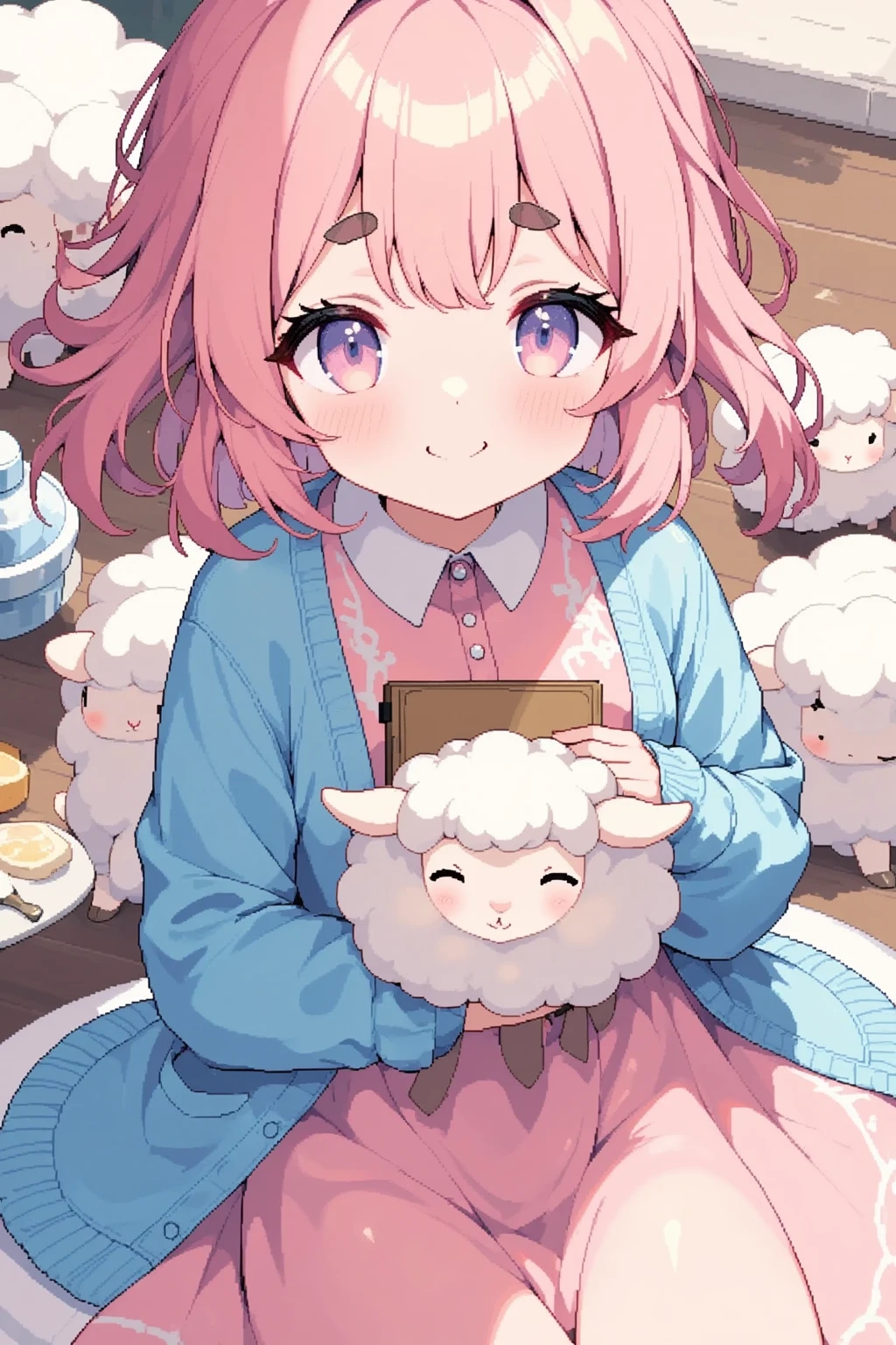 1girl, Alone, cute, Pink fluffy hair, Thick eyebrows,  big smile, Pink dress, Sky blue cardigan, cowboy shot,  holding a sketchbook in front of my chest , ”Thank you  for the 2,0000 favorites♥", cute sheep doodle 