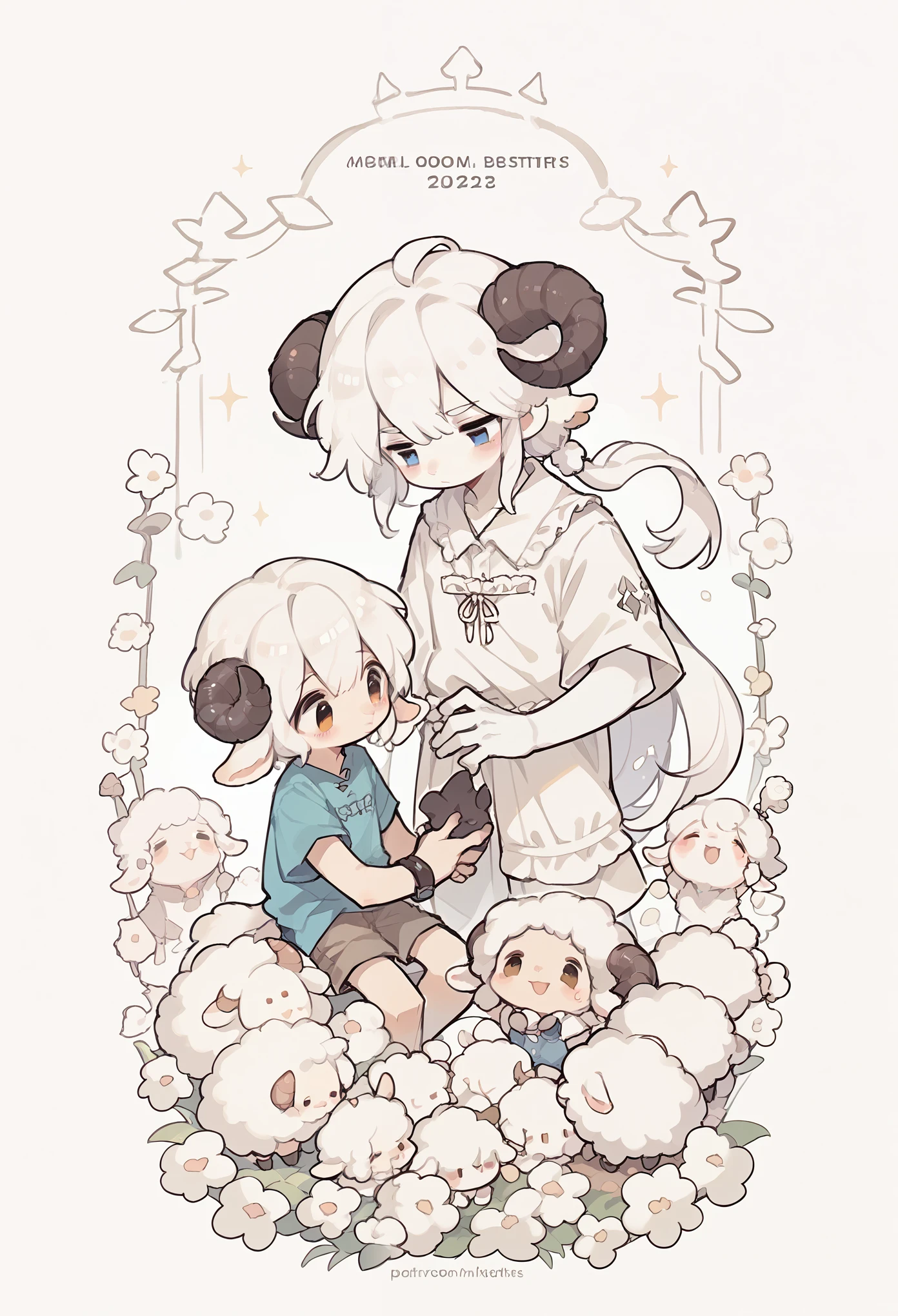 antelope boy,Sheep horns,Boys Features, white hair ,White Arm,Short sleeve,