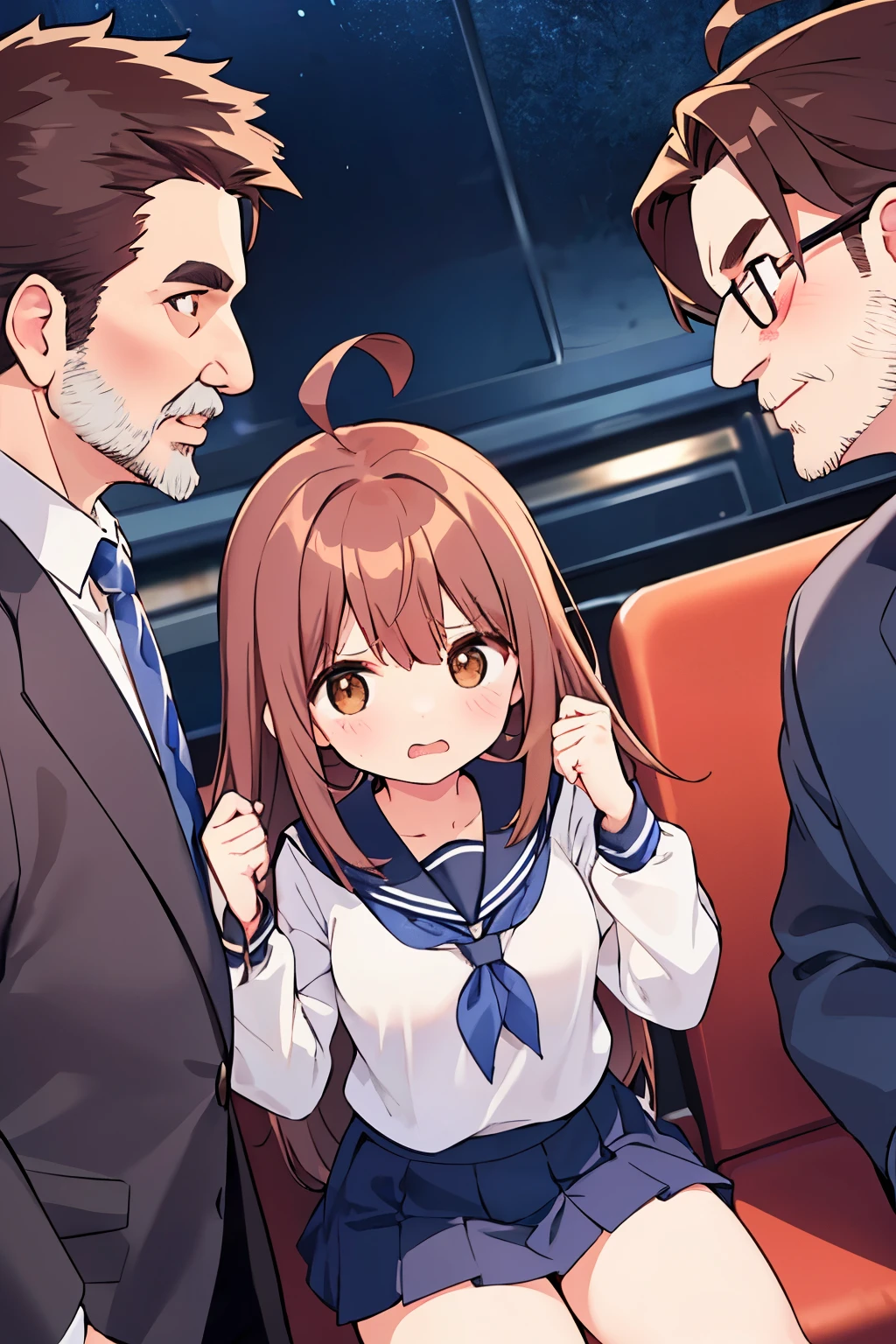 Viewer discretion advised、Best Quality、 1 girl , Small breasts、Slender body、Reddish brown hair、 long straight hair 、Ahoge、 brown eyes 、 school uniform、 navy blue mini skirt、Inside the train at night、 sit on a chair、(((One middle-aged man)))、(((Man grabs girl )))、girl looking at men、A girl with a stuffy face