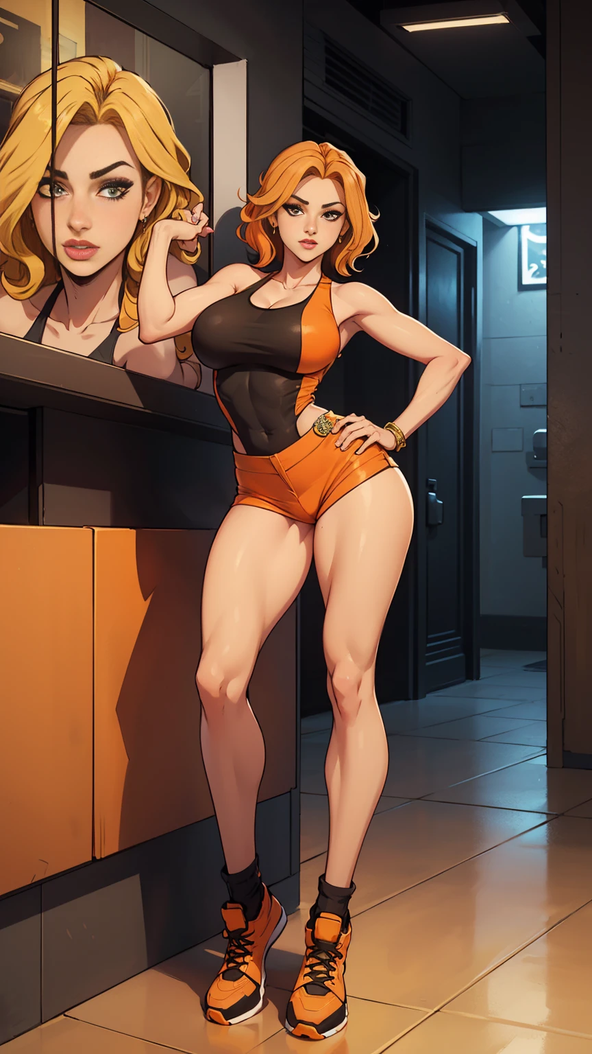 Beatiful girl, 1girl, solo, young slut, detailed face:1.3, breast, orange short wavy hair,((2 tone hair, orange and blonde)), all body portrait, ((full body wiev)), fashion bare-shoulder, sexy blmshort, earrings, jewelry,, sleeveless